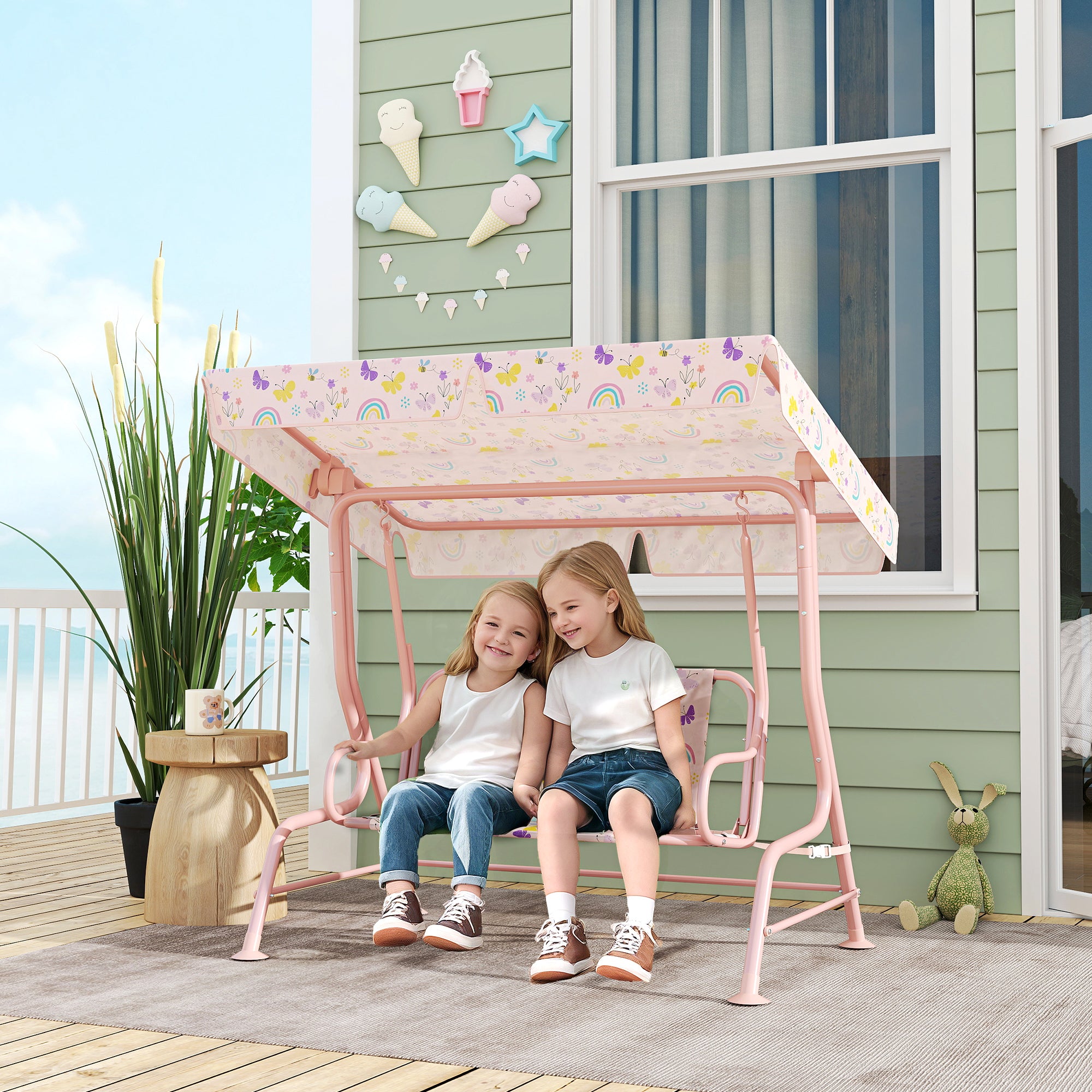 Kids 2-Seater Garden Swing Chair with Adjustable Canopy and Safety Belt - Pink