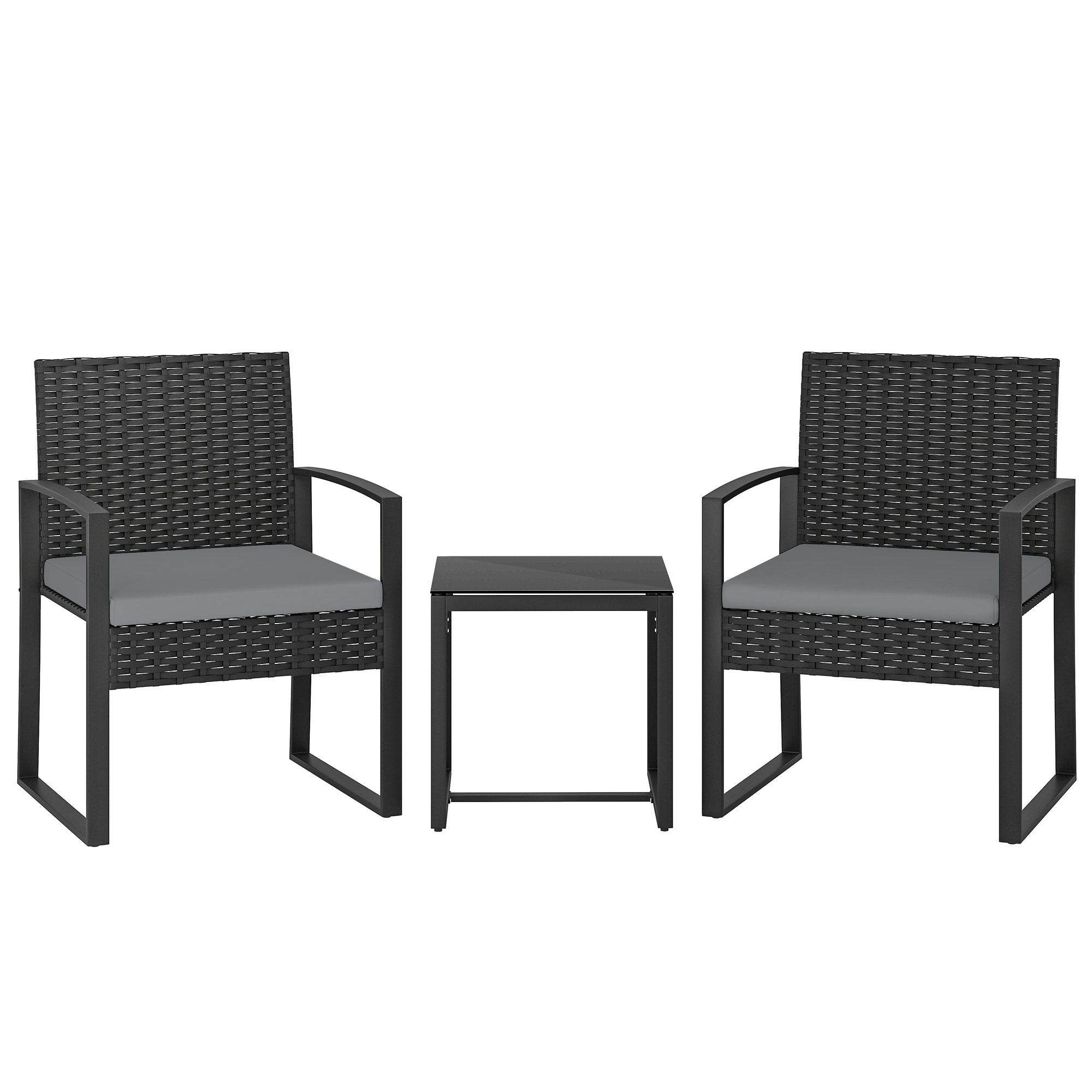 Rattan Bistro Set, 3 Piece Garden Furniture Set with Glass Top Table and Cushions, Light Grey