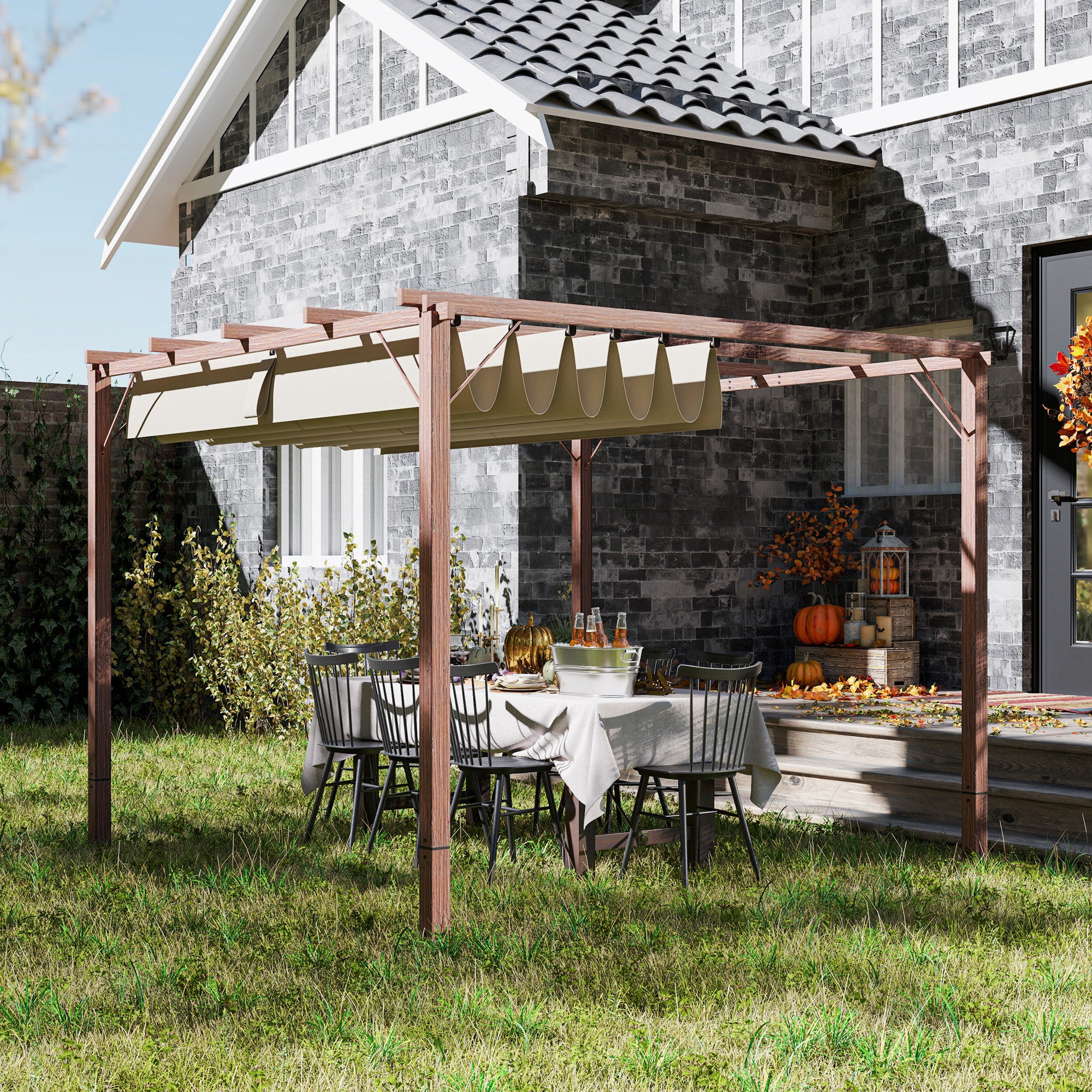 3 x 3 Metre Retractable Roof Pergola with Aluminium Wood Effect Finish - Natural Wood