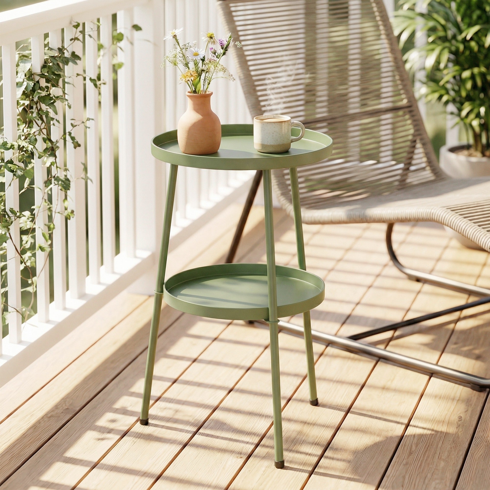 Patio Side Table, 2-Tier Round Coffee End Table for Garden Balcony Living Room Bedroom, Light Green