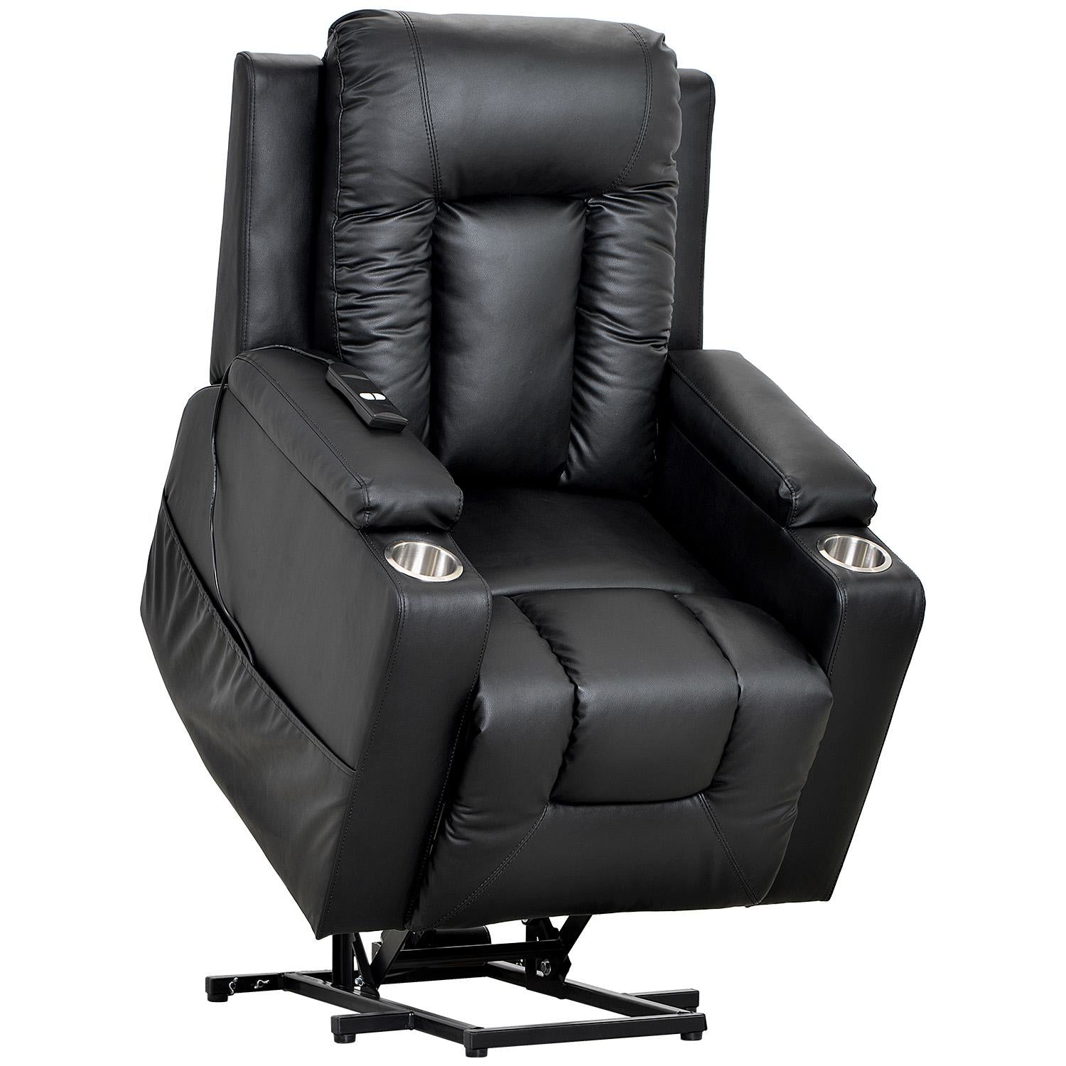 Electric Power Lift Riser Recliner Chair with Cup Holders – Black Faux Leather