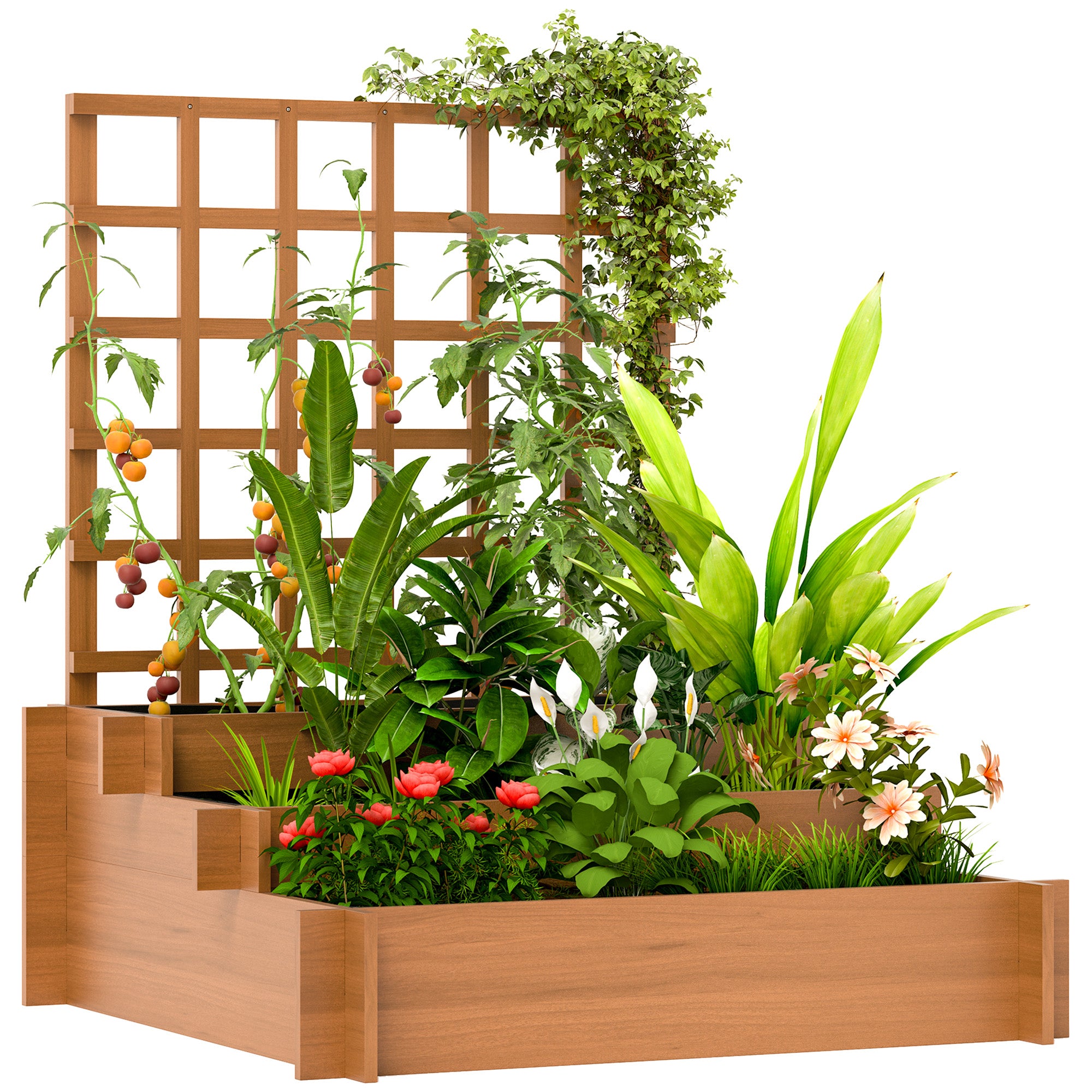 3 Tier Wooden Garden Planters with Trellis and Fabric Liners - Brown
