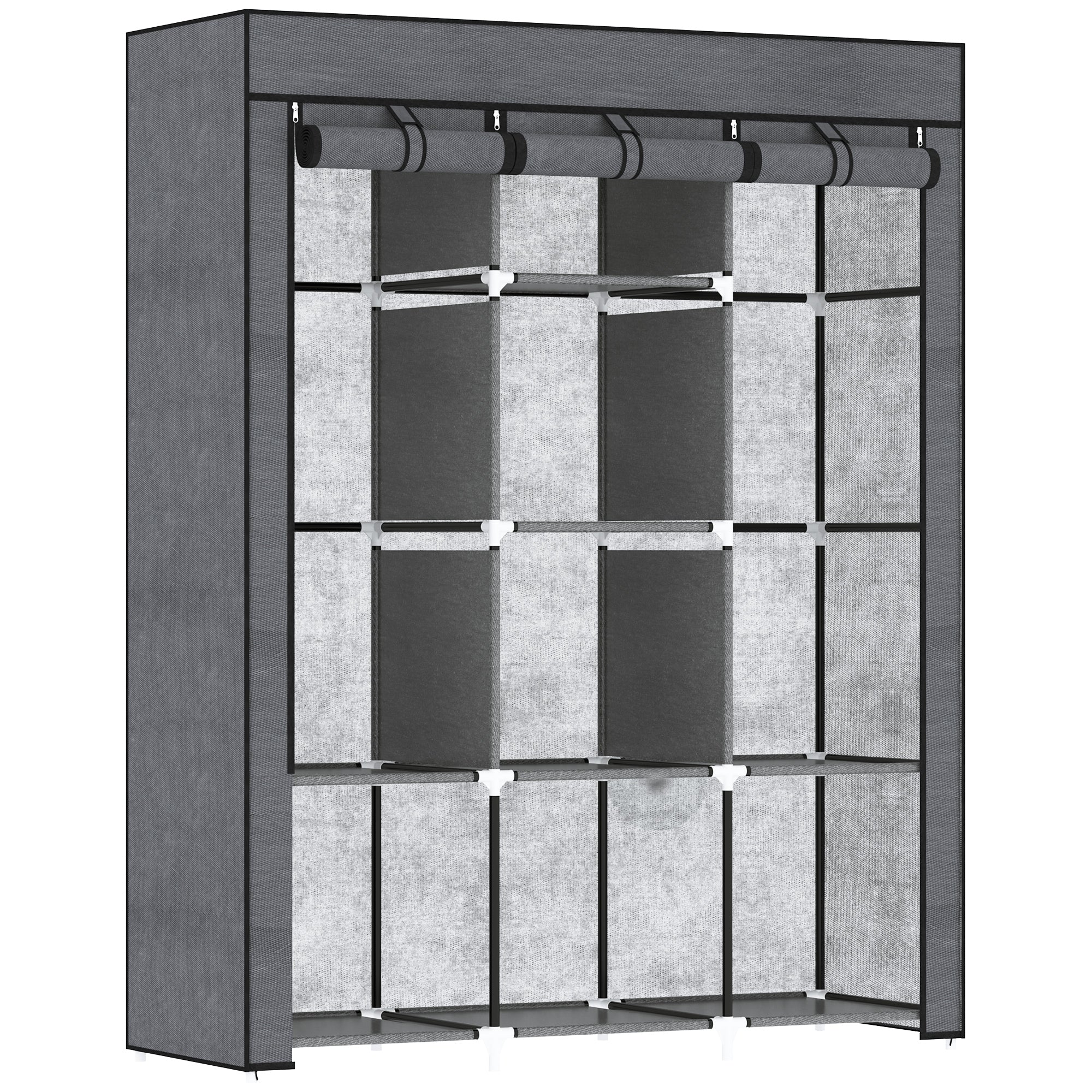 Fabric Wardrobe with Two Rails and Eight Shelves - Dark Grey