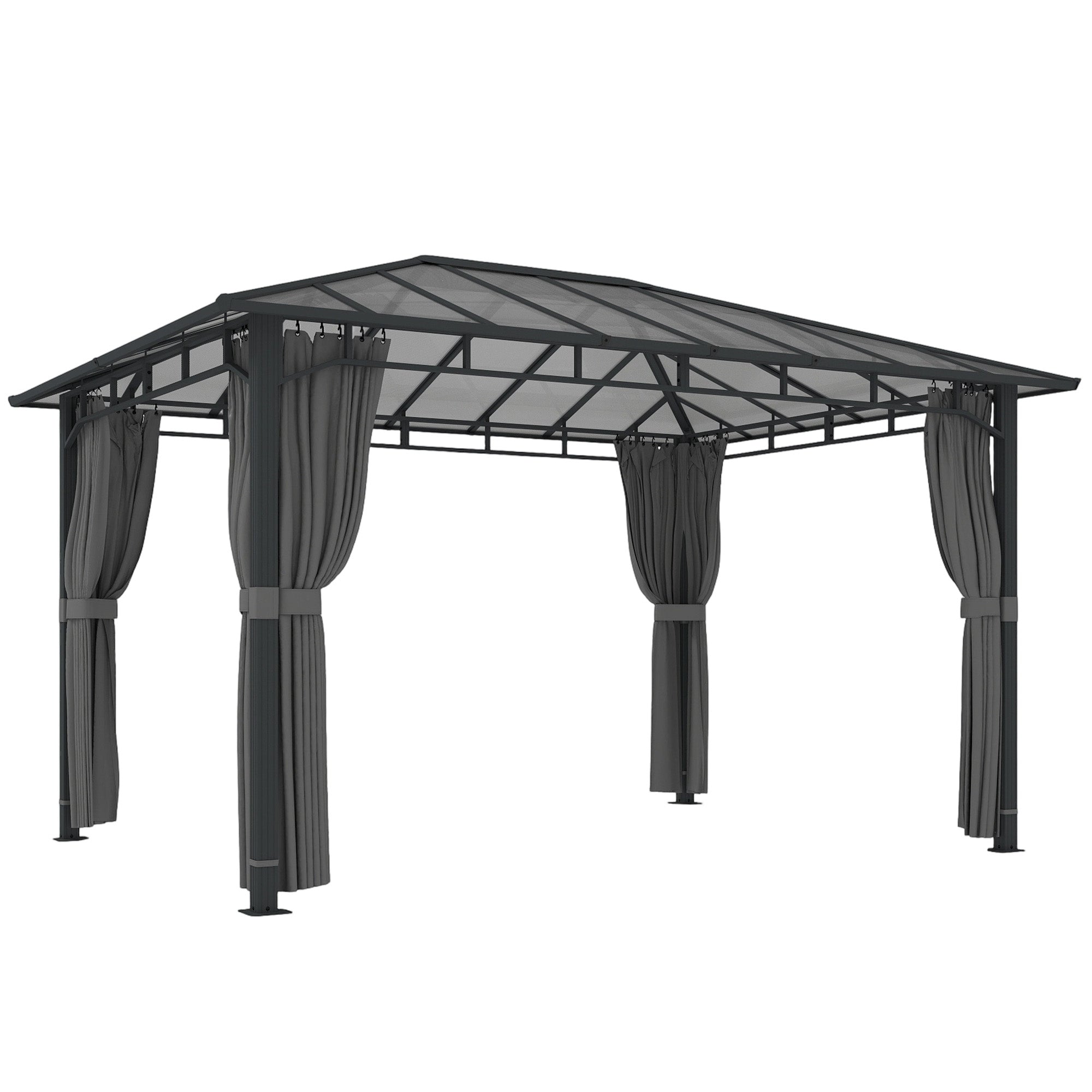 3 x 4 m Outdoor Hardtop Gazebo Canopy with PC Roof, Aluminium Permanent Pavilion Garden Gazebo with Curtains, Dark Grey