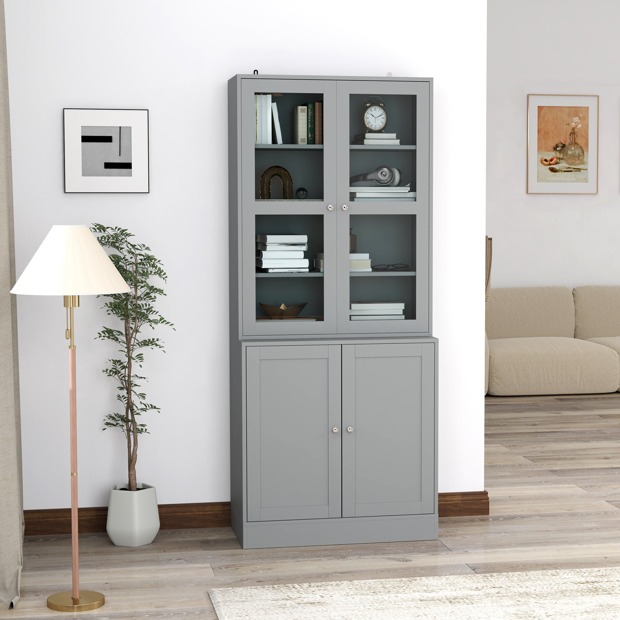 Double Storage Display Cabinet with Tempered Glass Doors - Grey