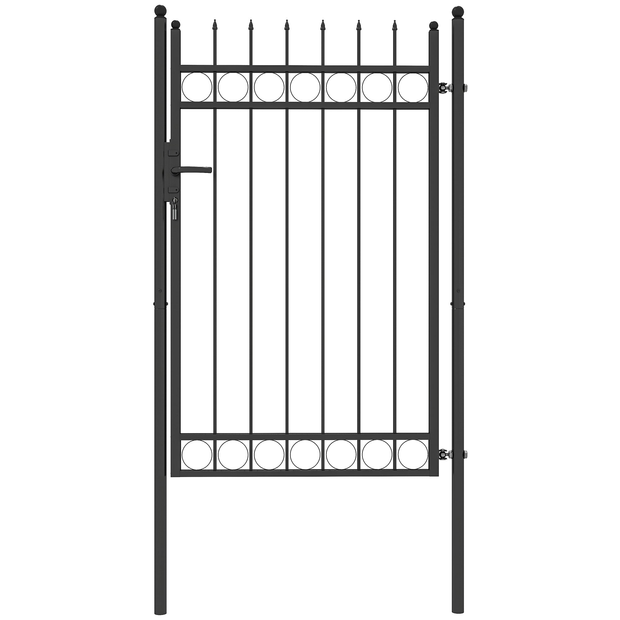 Galvanised Steel Garden Gate, Outdoor Fence Gate Security Barrier with Lock, Keys and Handle, Outdoor Entrance Way Door with Classic Finials, 105 x 204 cm, Black