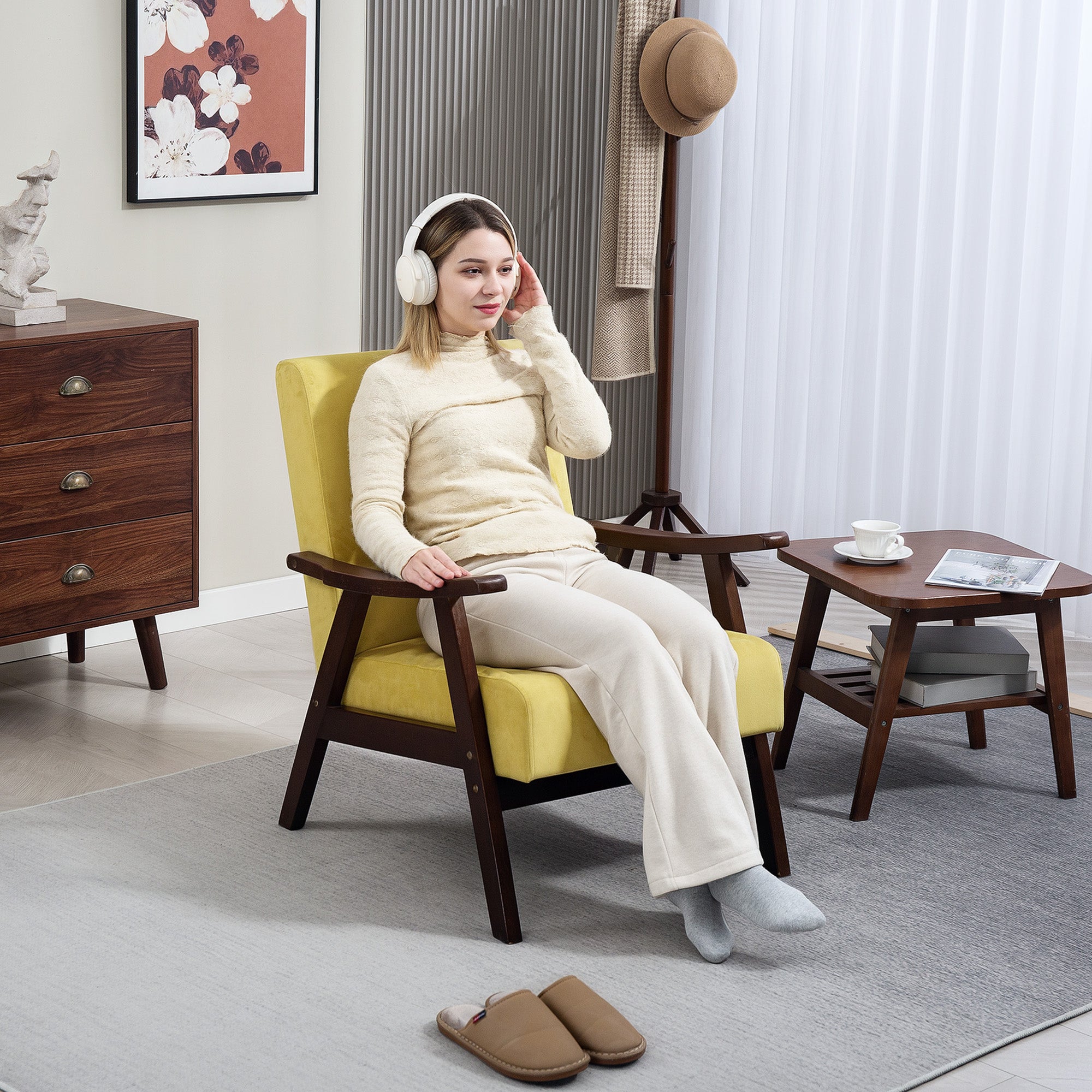 Nordic Accent Chair, Upholstered Velvet Armchair with Solid Wood Frame and Soft Thick Padded for Living Room, Bedroom, Champagne