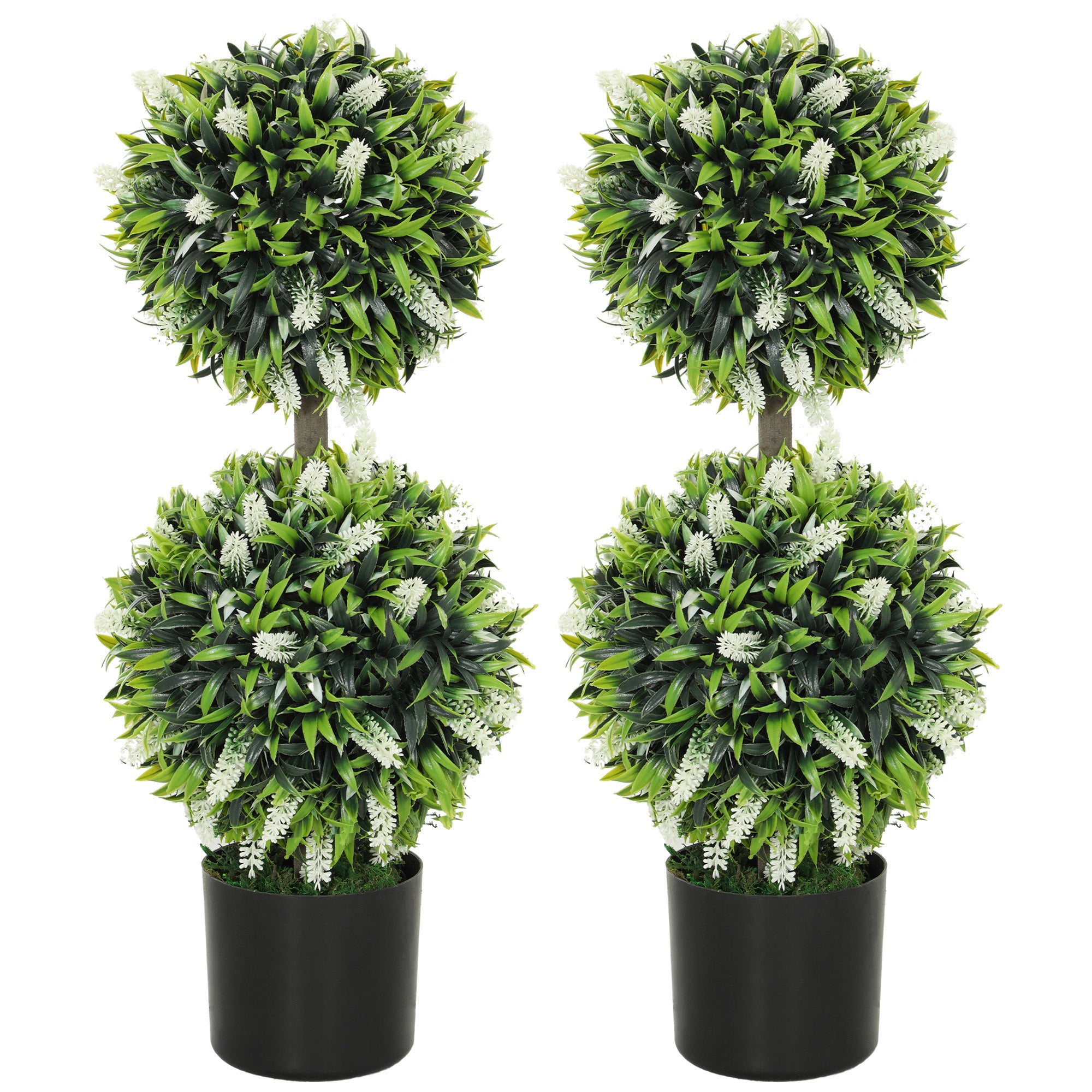 Set of 2 Decorative Artificial Plants Ball Trees with Lavender Flowers in Pot Fake Plants for Home Indoor Outdoor Decor, 70cm, White