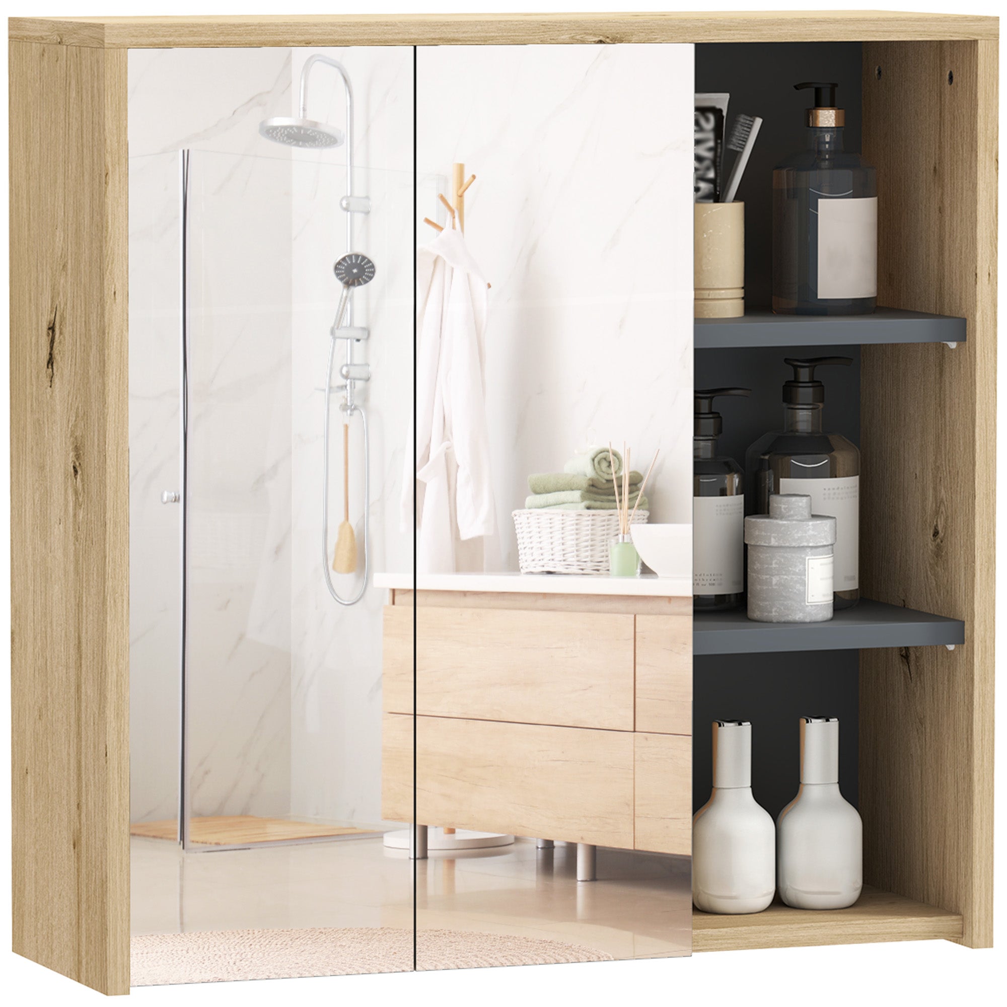 Five-Shelf Mirrored Bathroom Cabinet Wall-Mounted with Wood-Effect Finish