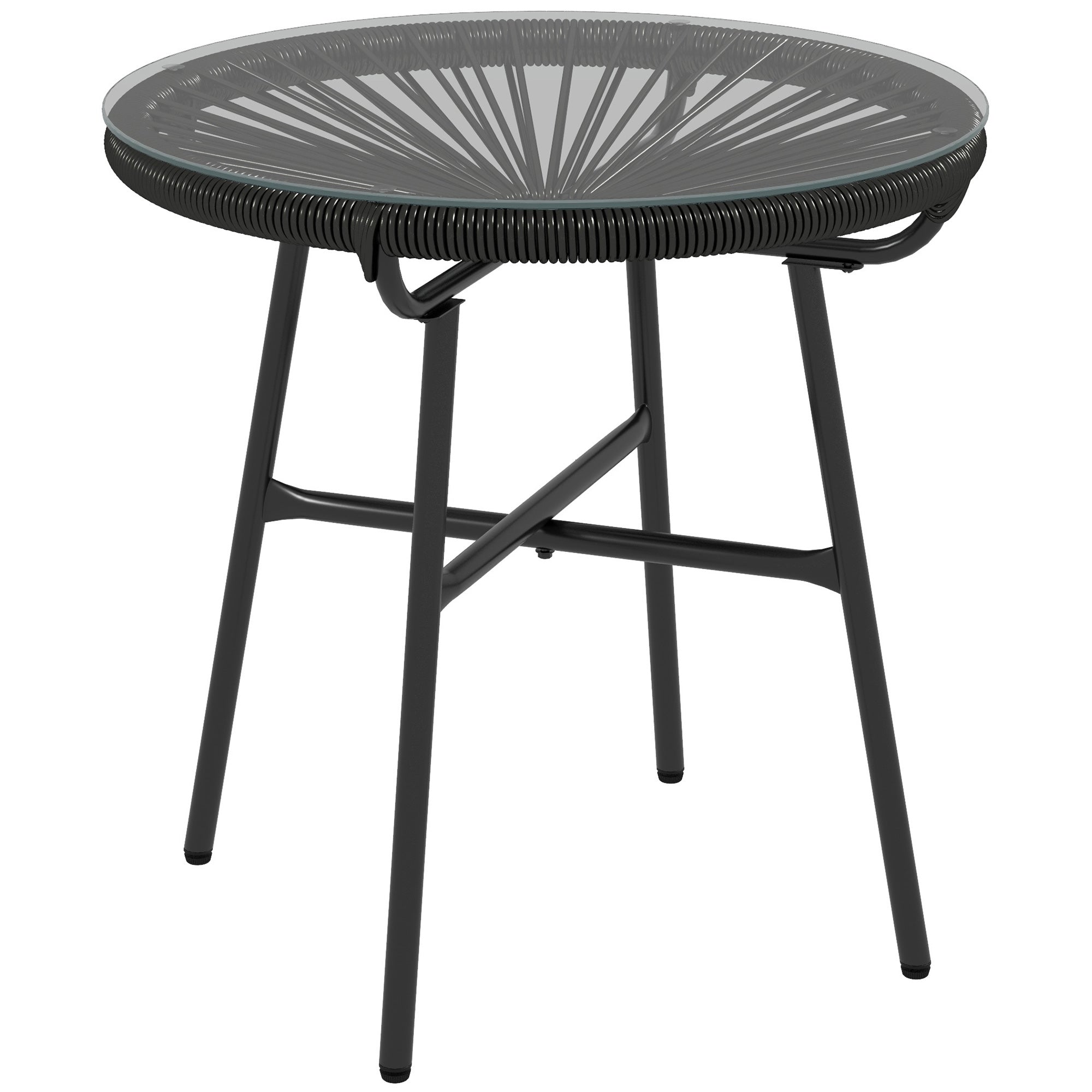 Round Rattan Side Table with Tempered Glass Top for Outdoor Patio Garden Balcony - Black