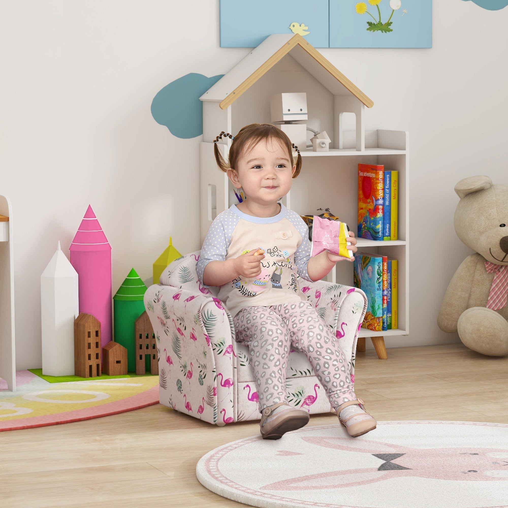 Kids Armchair with Flamingo Design and Wooden Frame - Pink