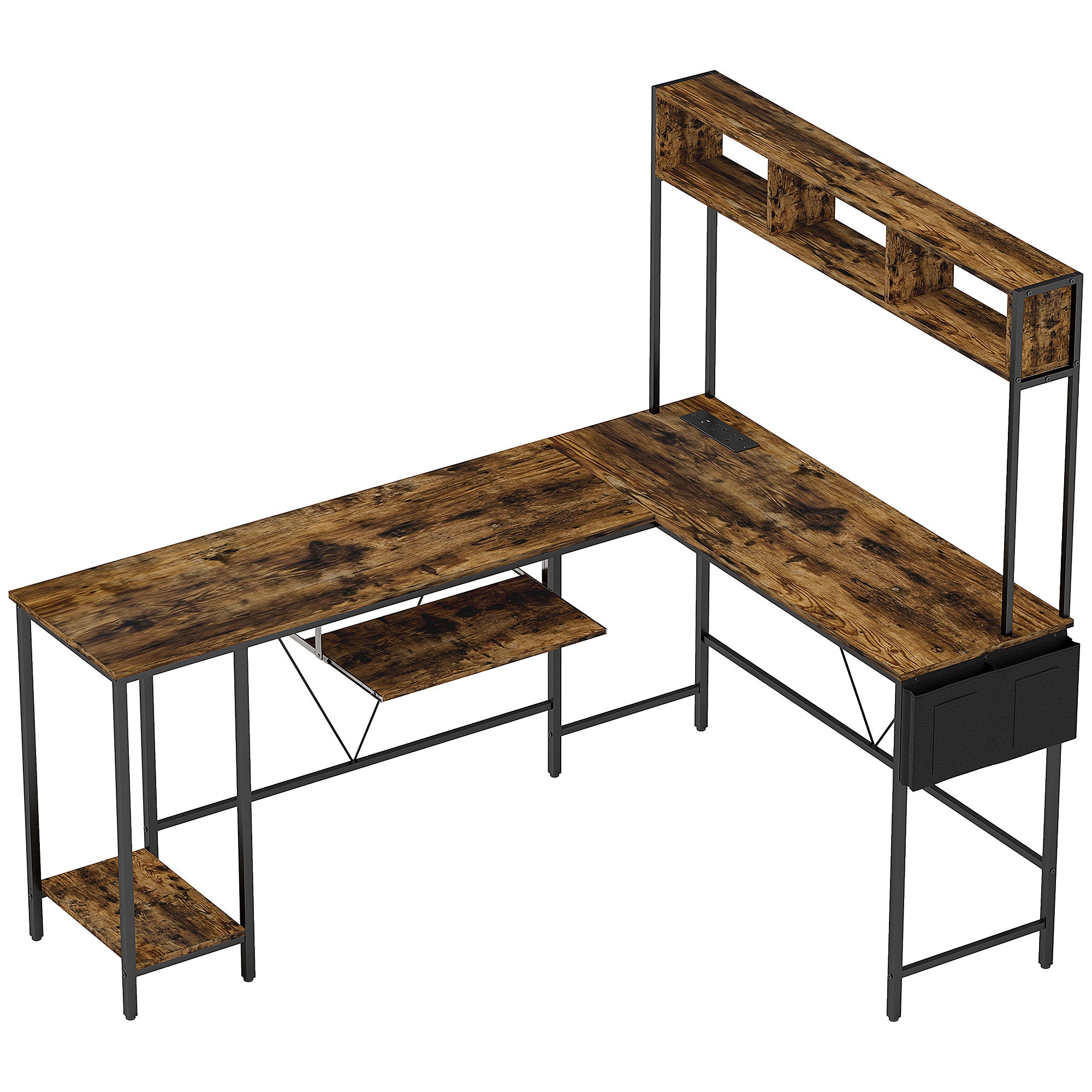 160cm Reversible L Shaped Desk with Power Outlet, Industrial Corner Desk with Storage Shelves and Keyboard Tray, 240cm Long Computer Desk for 2 Person, Rustic Brown