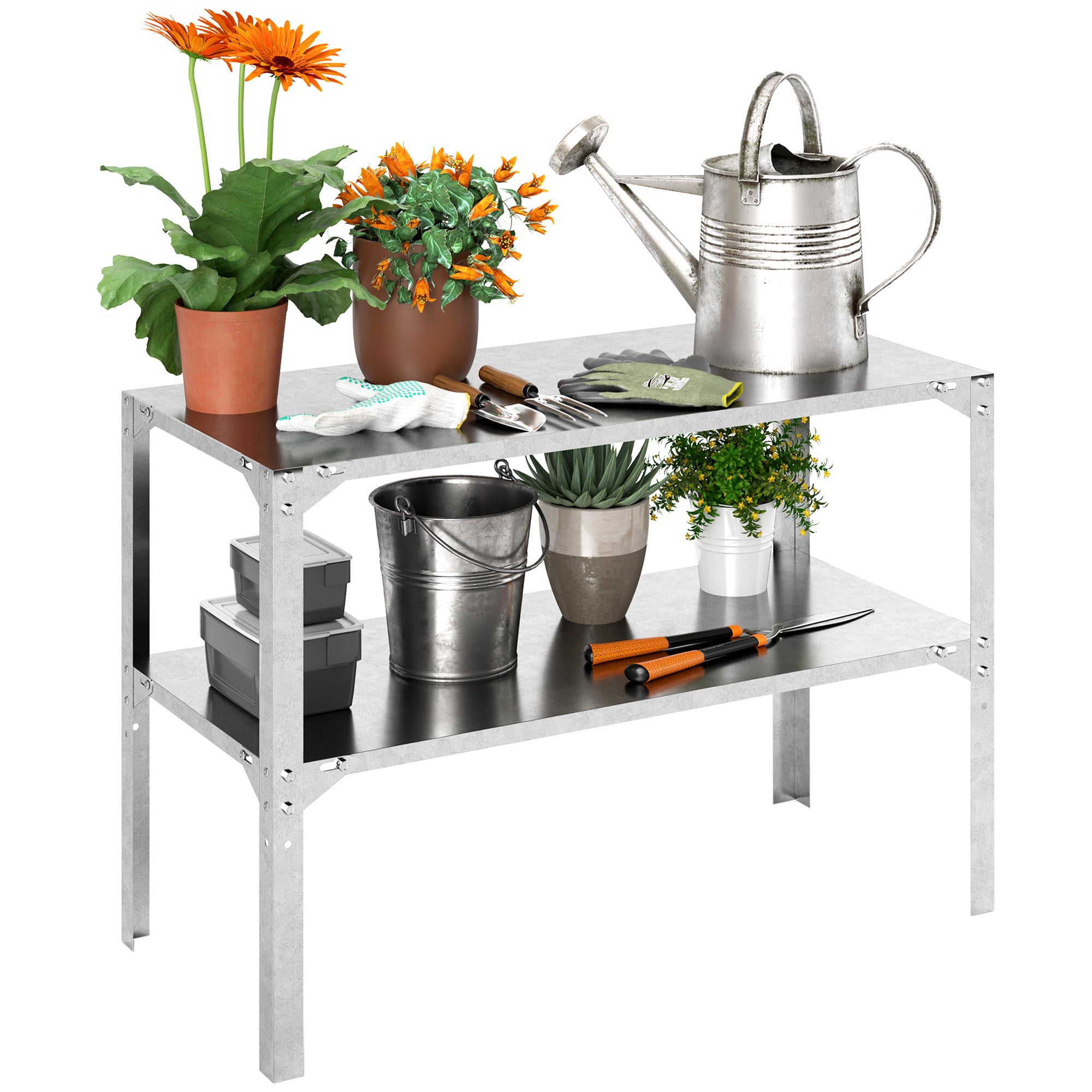 2 Tier Potting Bench Table, Galvanised Steel Garden Planting Work Bench Workstation with Storage Shelf for Outdoor, Patio, Greenhouse, 110 x 50 x 75 cm, Silver Tone
