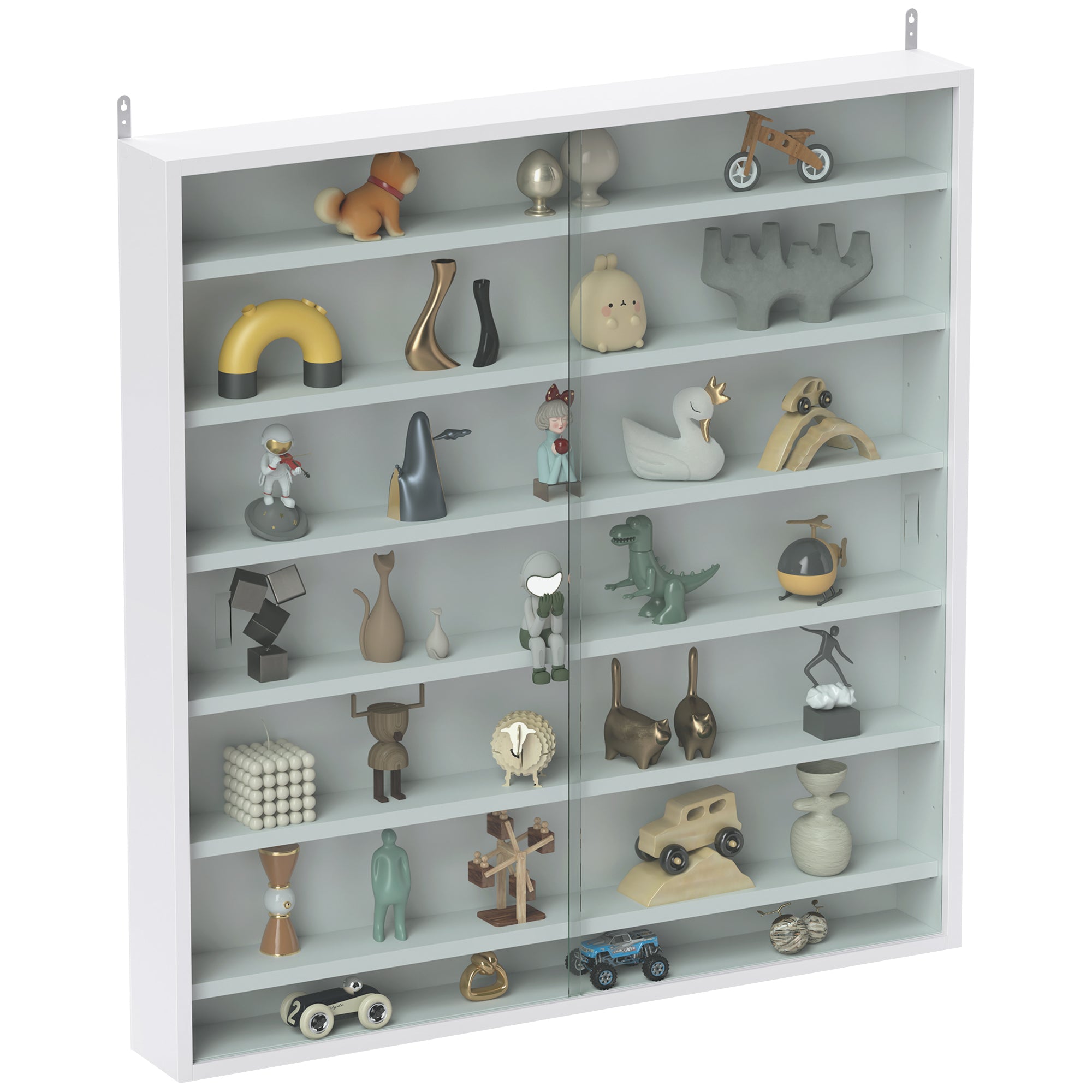 Six Shelf Wall-Mounted Display Cabinet with Sliding Glass Doors - White