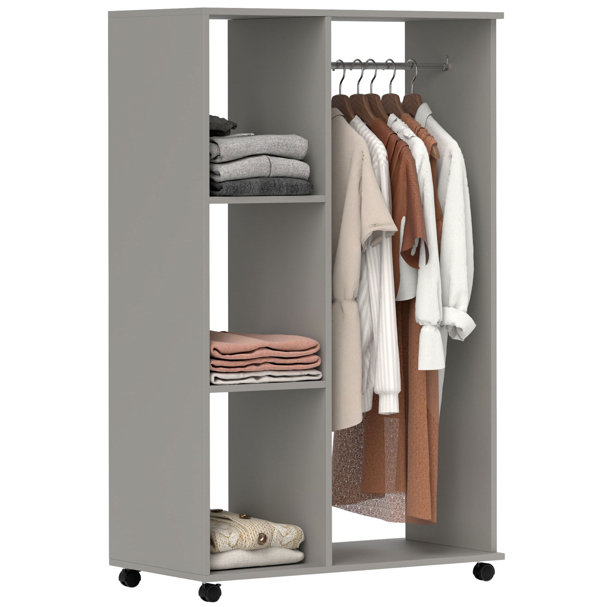 Open Wardrobe on Wheels with Clothes Hanging Rail and 3 Storage Shelves - Grey