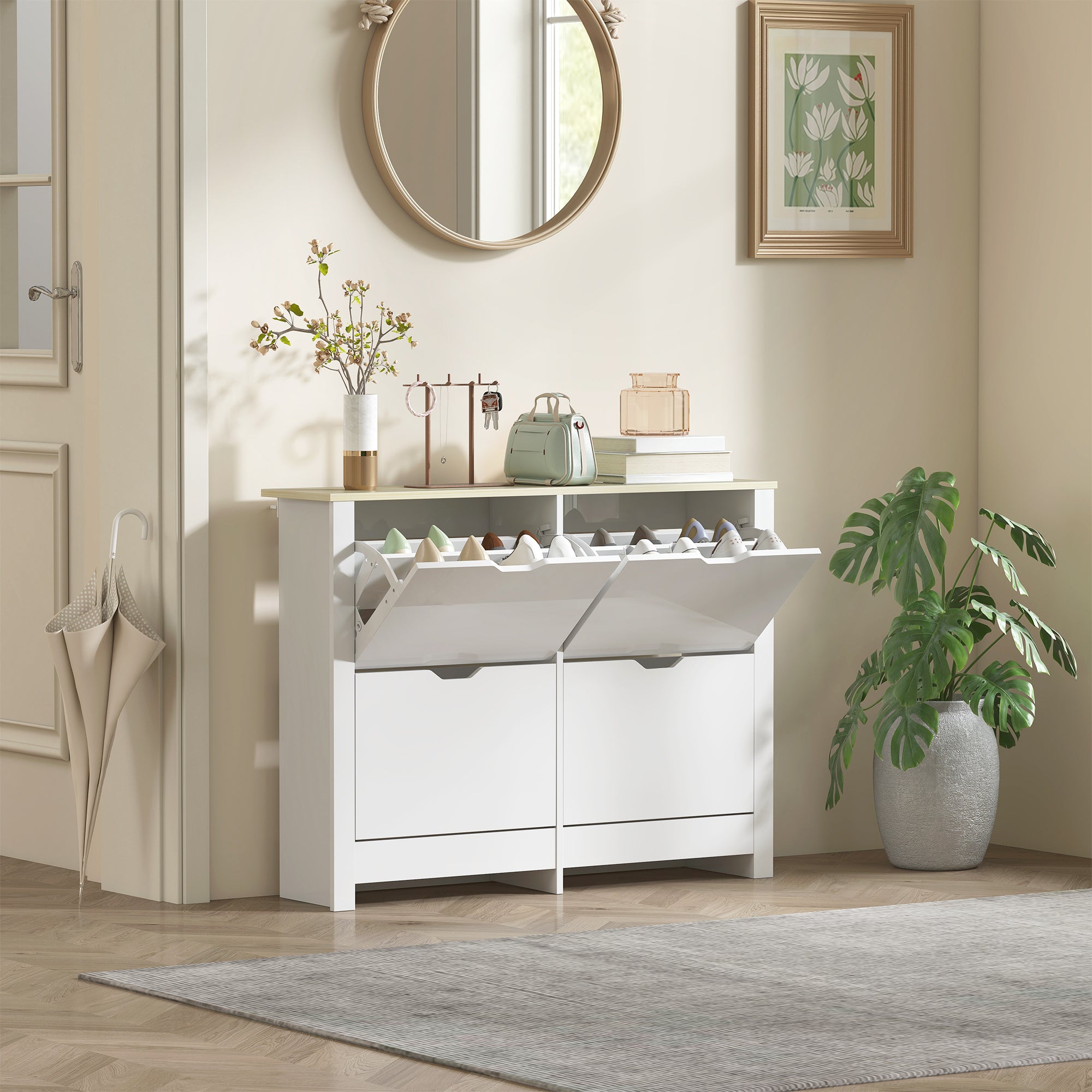 Slim Shoe Cabinet, Narrow Shoe Cupboard with 4 Flip Drawers, Adjustable Shelves for 16 Pairs of Shoes, White
