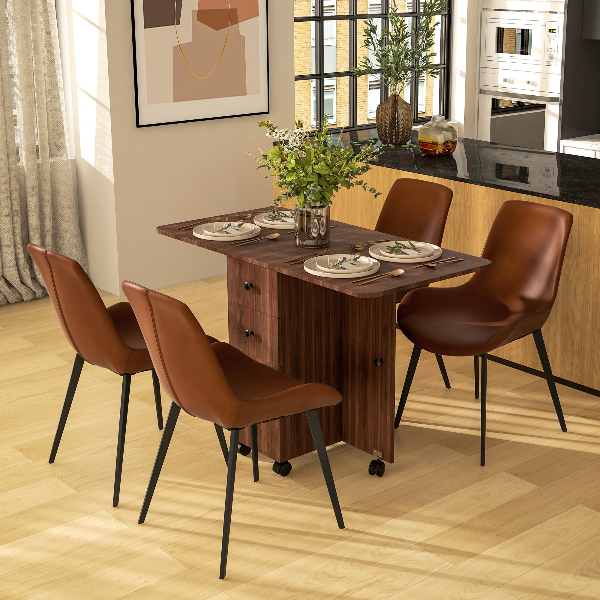 Multi-Storage Drop Leaf Six-Person Dining Table - Distressed Brown