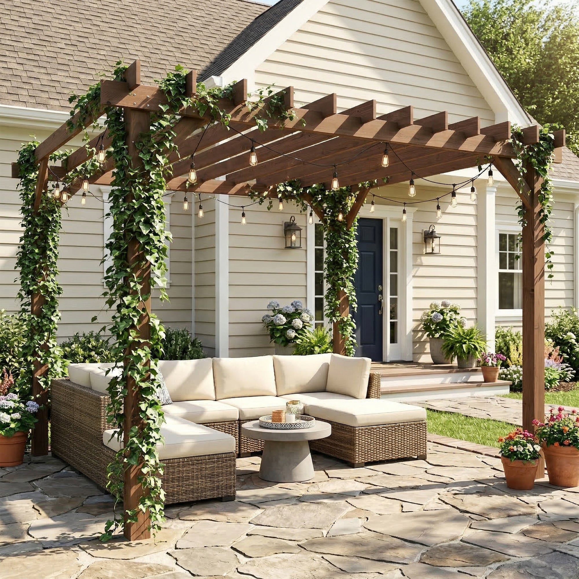 3 x 3 m Wooden Pergola Kit, Garden Pergola Gazebo Grape Trellis with Triangle Supports, Maple Wood-effect