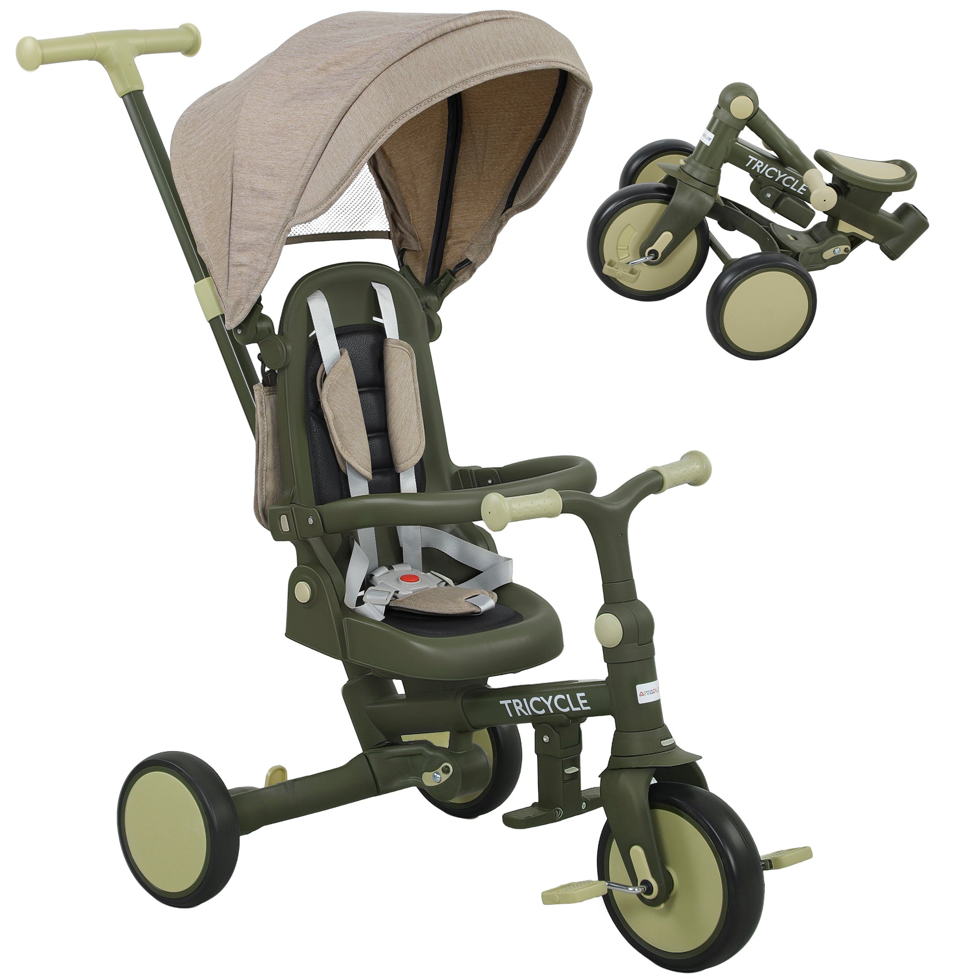 5 in 1 Kids Trike with Adjustable Backrest, Toddler Tricycle with Push Handlebar, Adjustable Backrest, Dark Green