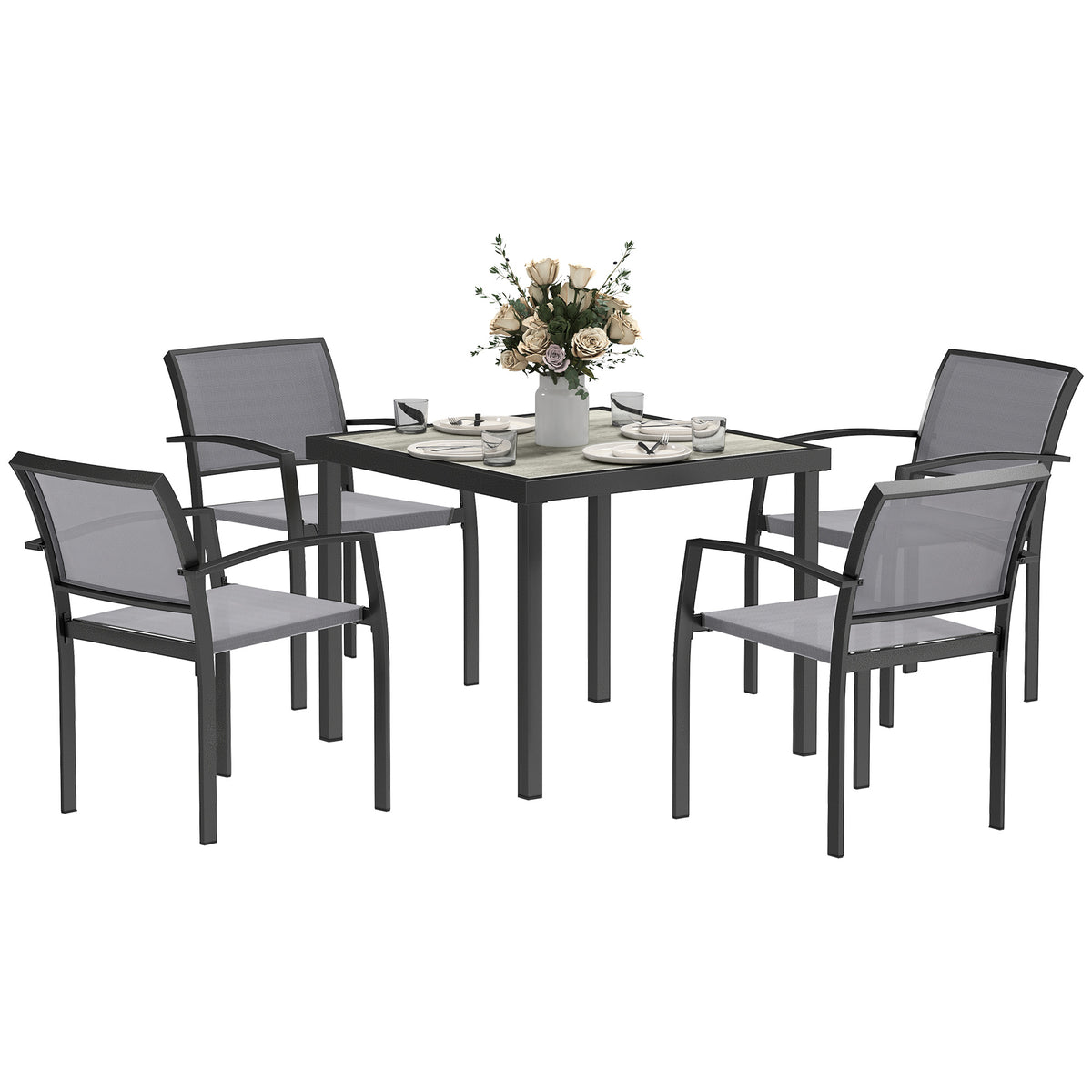 5 Piece Outdoor Garden Dining Set with Texteline Chairs - Grey