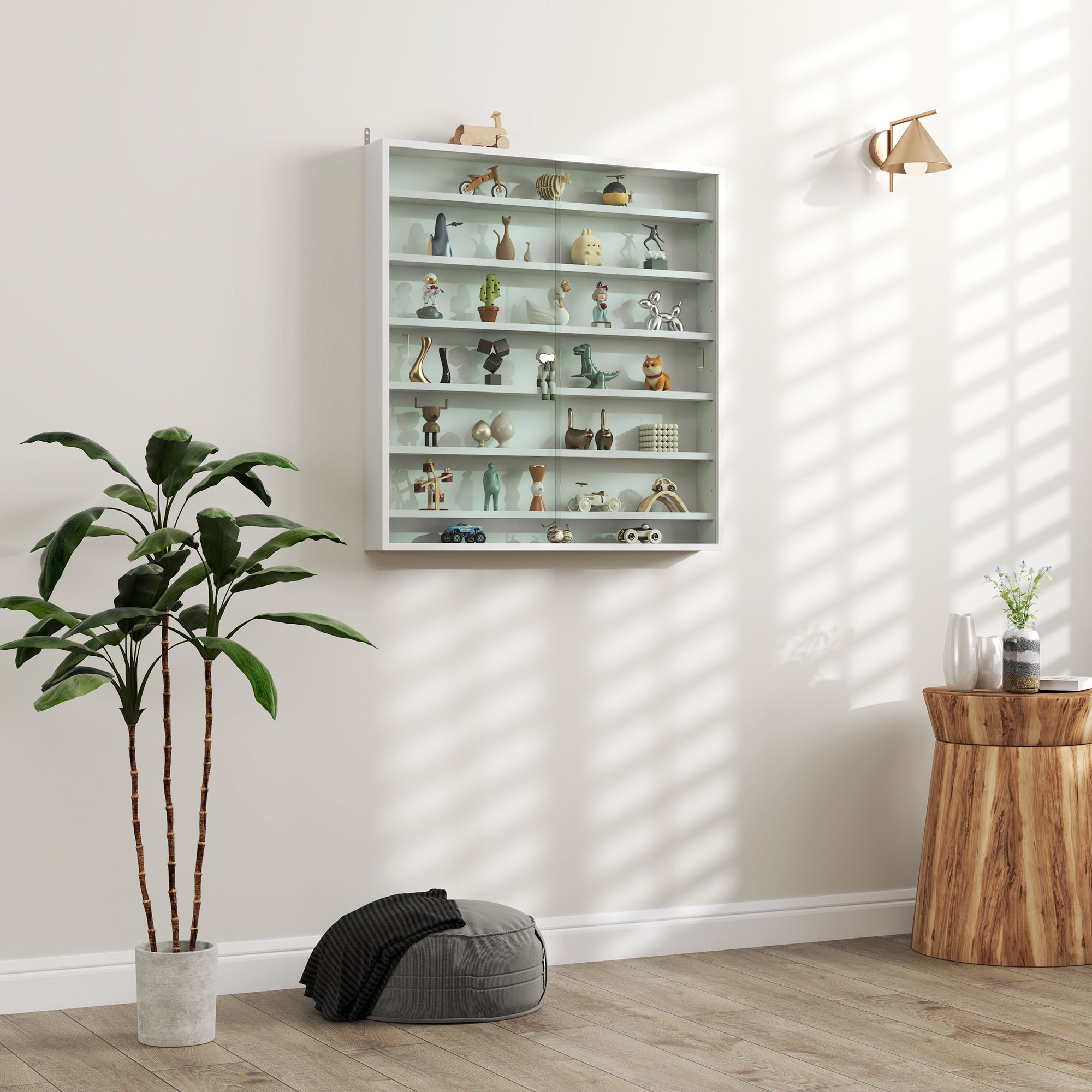 Six Shelf Wall-Mounted Display Cabinet with Sliding Glass Doors - White
