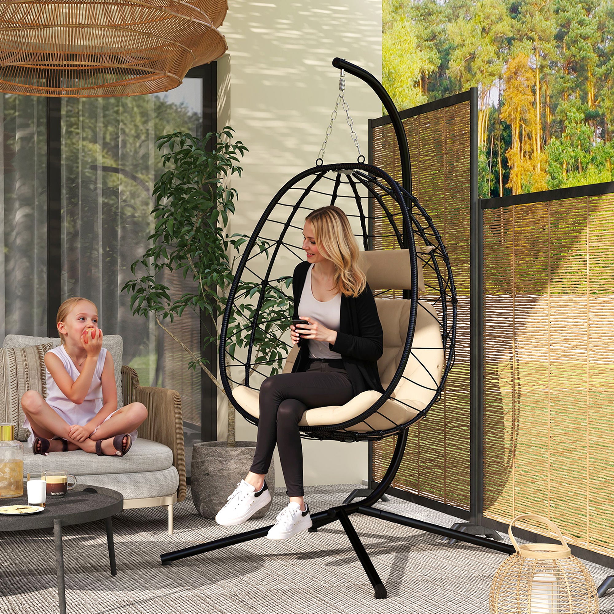 Ergonomic Hanging Egg Chair with Stand and Thick Cushion - Khaki