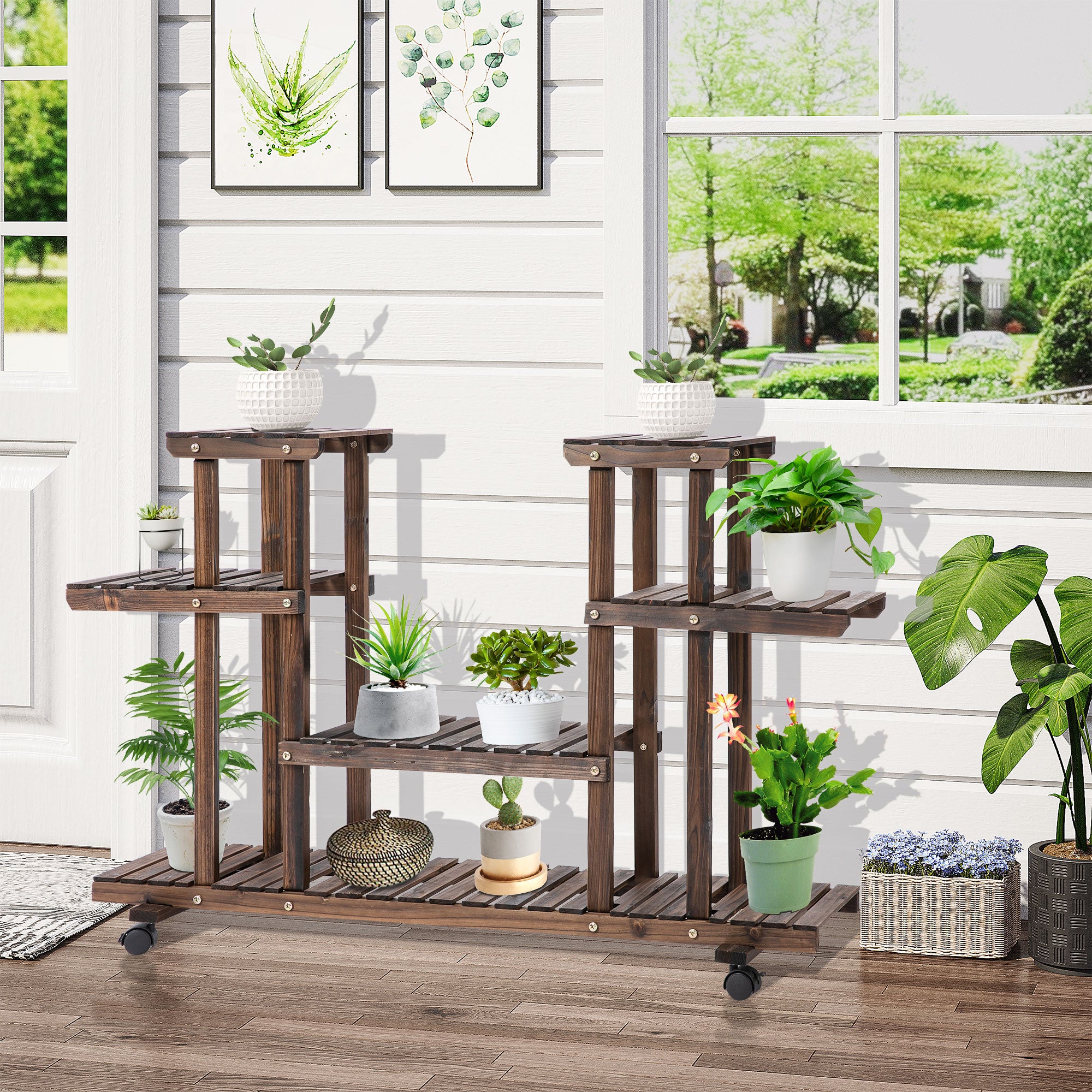 4-Tier Plant Stand with Wheels and Brakes, Floor-standing Wooden Flower Rack, for Indoor & Outdoor Garden Balcony Living Room, 124 x 33 x 80 cm