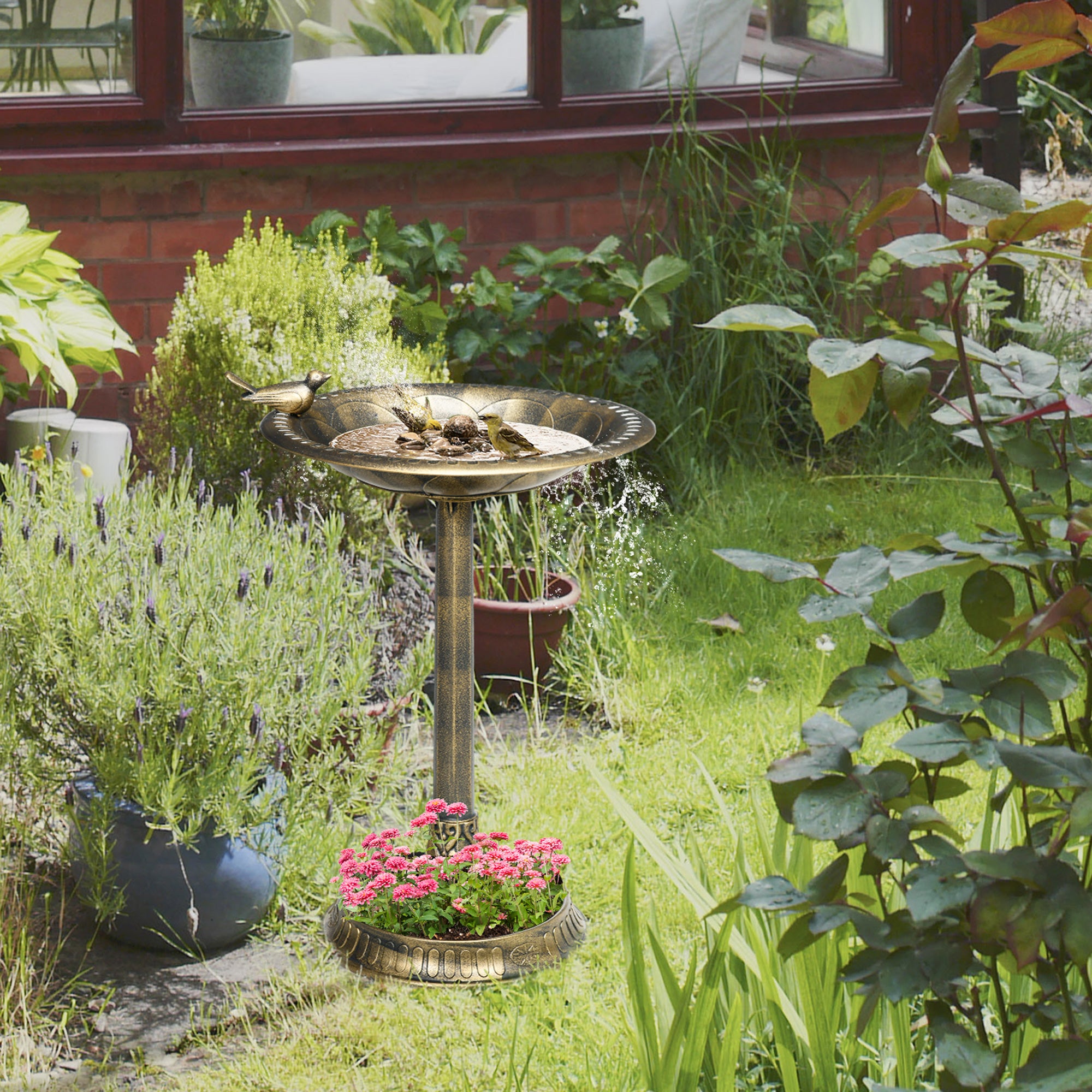 72cm Antique Vintage Style Bird Bath with Bird Decoration and Flower Planter Base - Bronze Tone