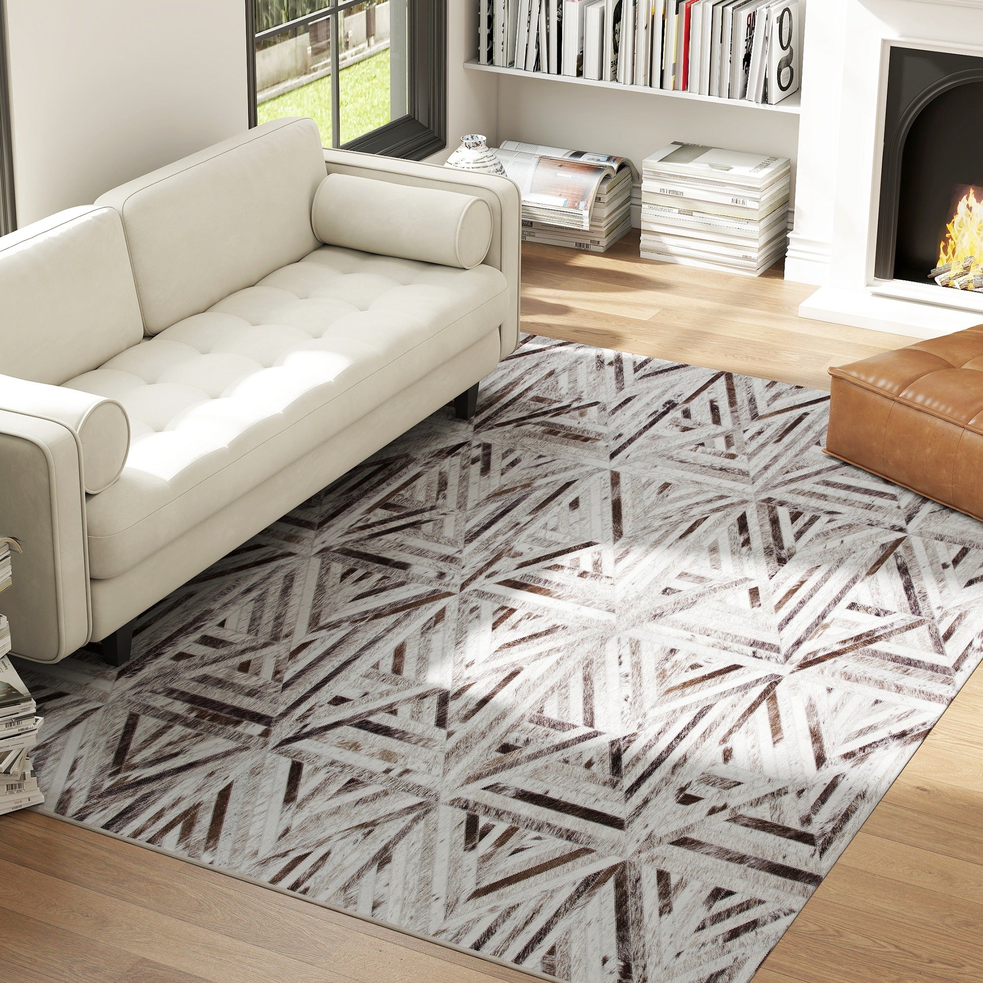 Modern Area Rug, Triangle Pattern Non-Slip Washable Rug, Chenille Floor Carpet for Living Room, Bedroom, Dining Room, Home Office, 290 x 200 cm, Brown