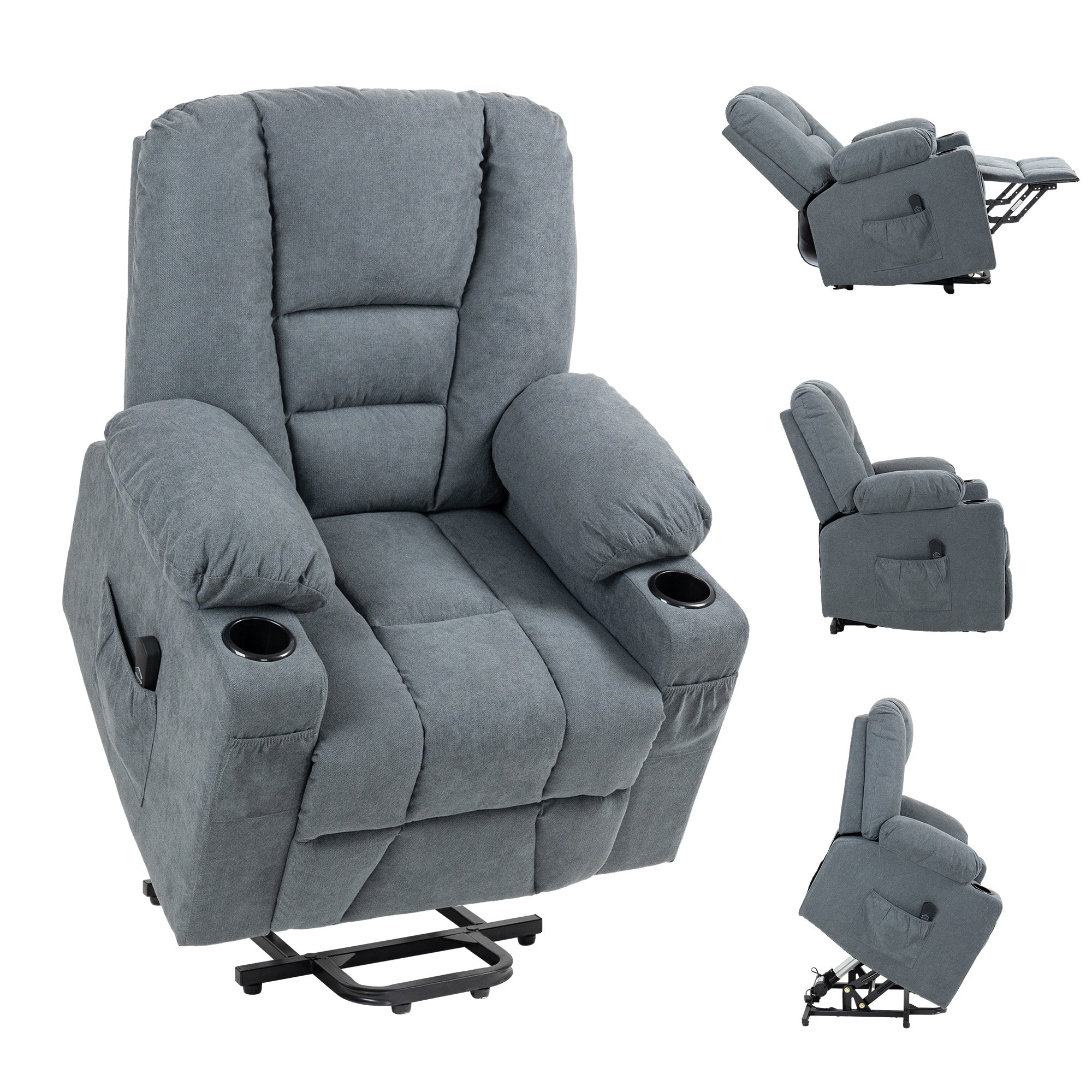Oversized Power Lift Riser Recliner Chair with Cup Holders – Grey Linen Look