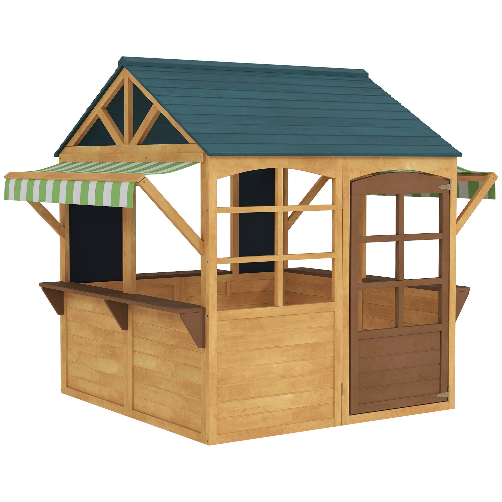 Wooden Playhouse for Kids, Foldable Wendy House with Windows, Working Door, Service Stations, Rain Covers, Brown