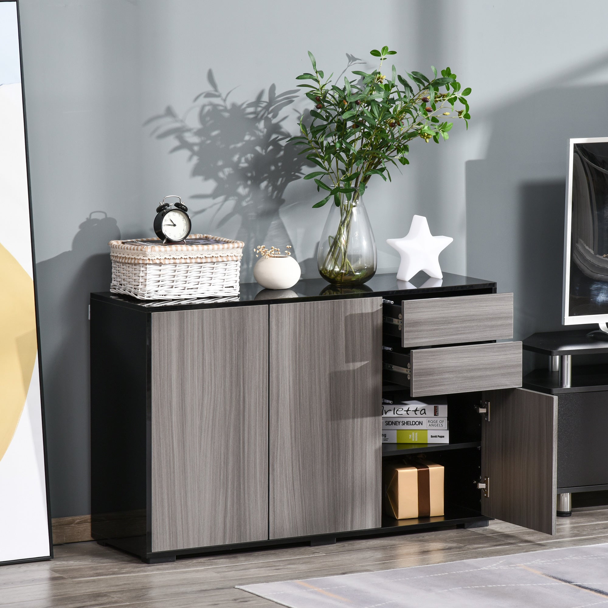 High Gloss Frame Sideboard, Side Cabinet, Push-Open Design with 2 Drawer for Living Room, Bedroom, Light Grey and Black
