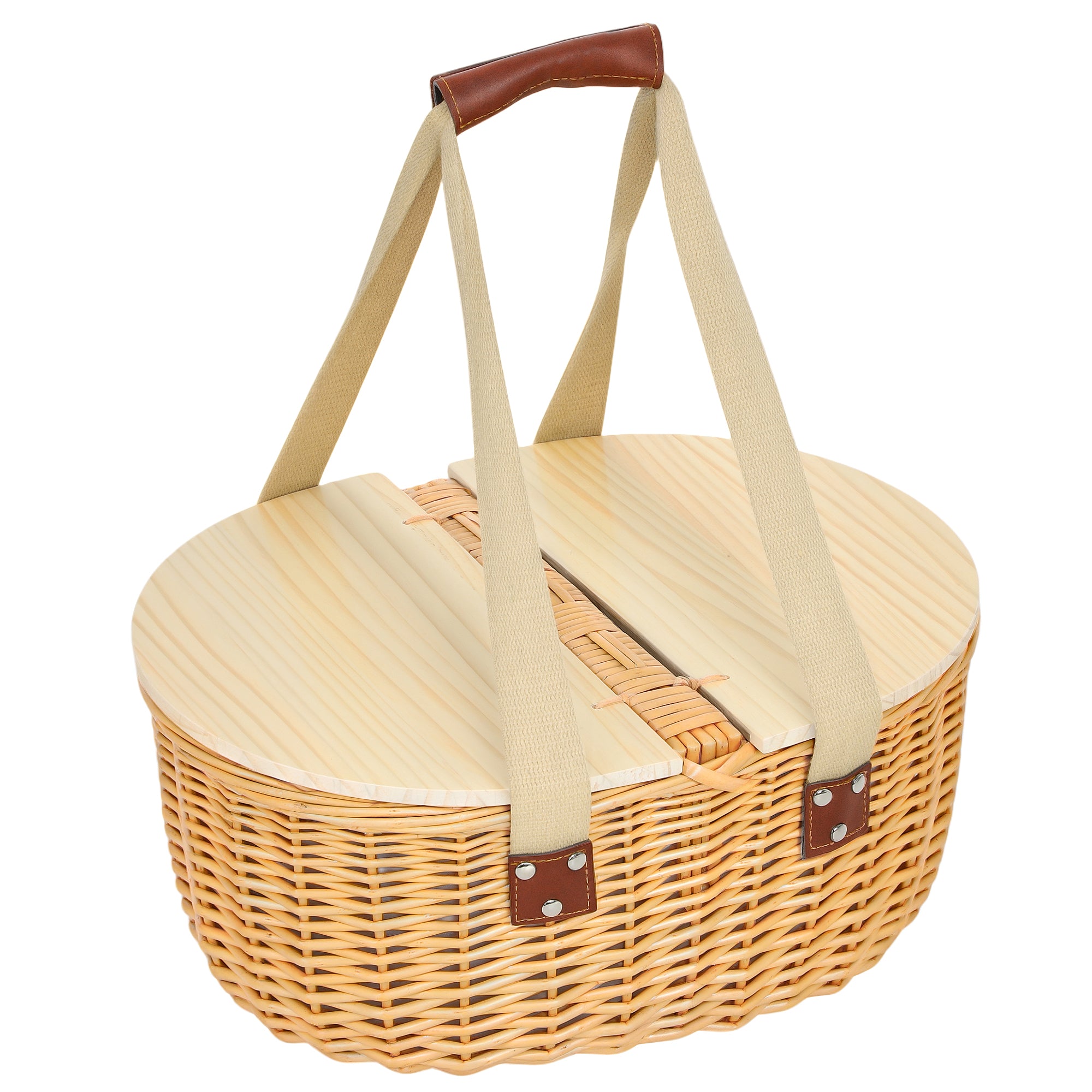 Wicker Picnic Basket Set for 2 with Cooler Compartment - Light Brown