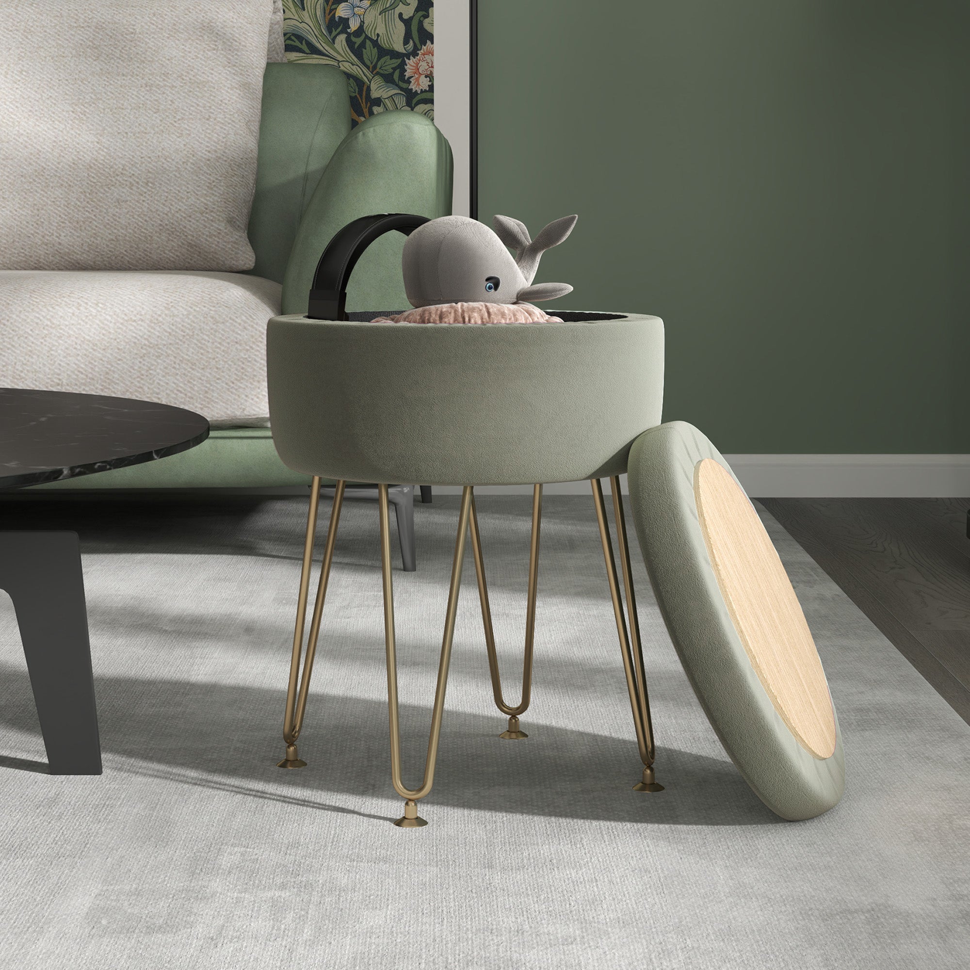 5L Velvet-Feel Storage Ottoman with Gold Hairpin Legs - Green