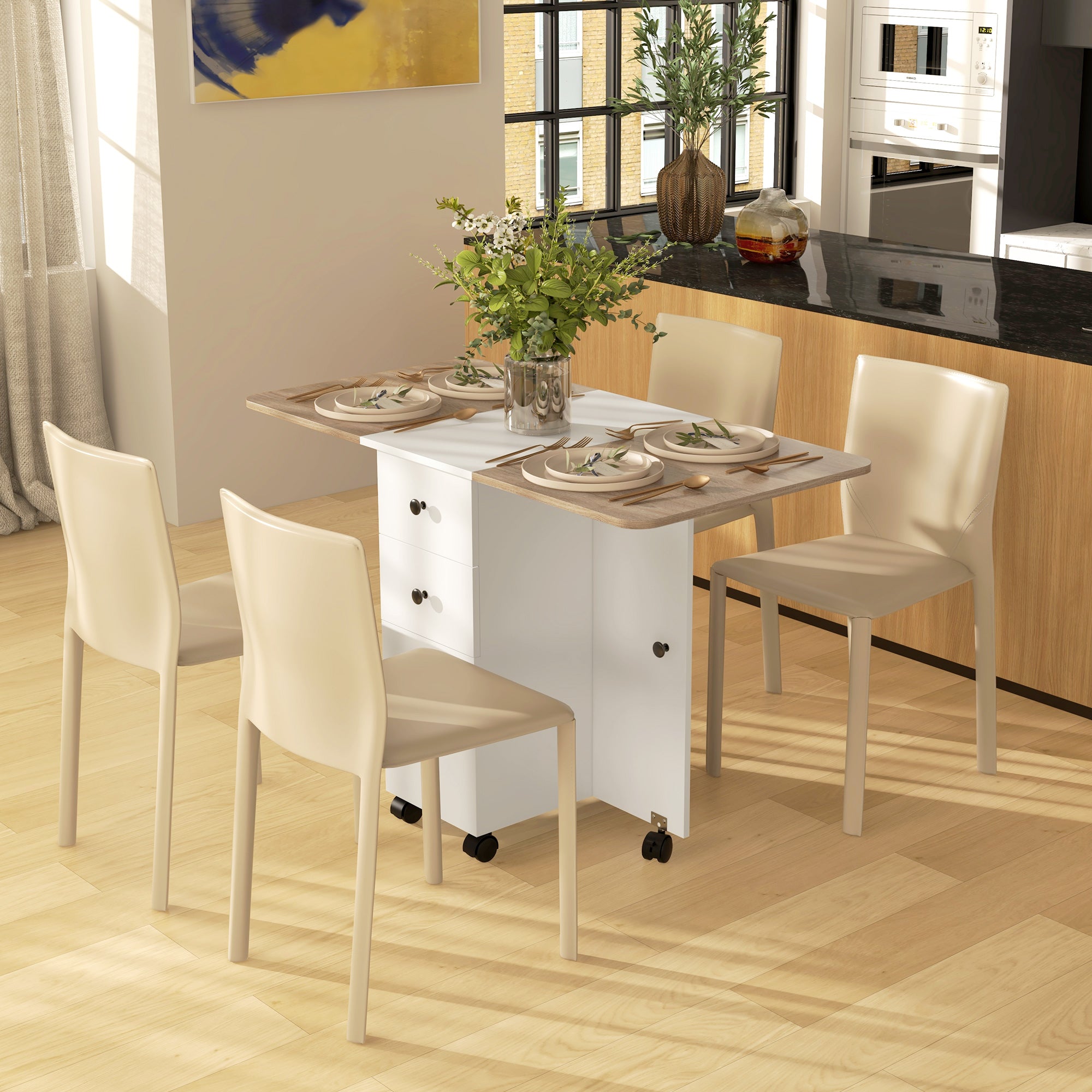 Multi-Storage Six-Person Drop Leaf Dining Table with Wheels and Storage - Oak and White