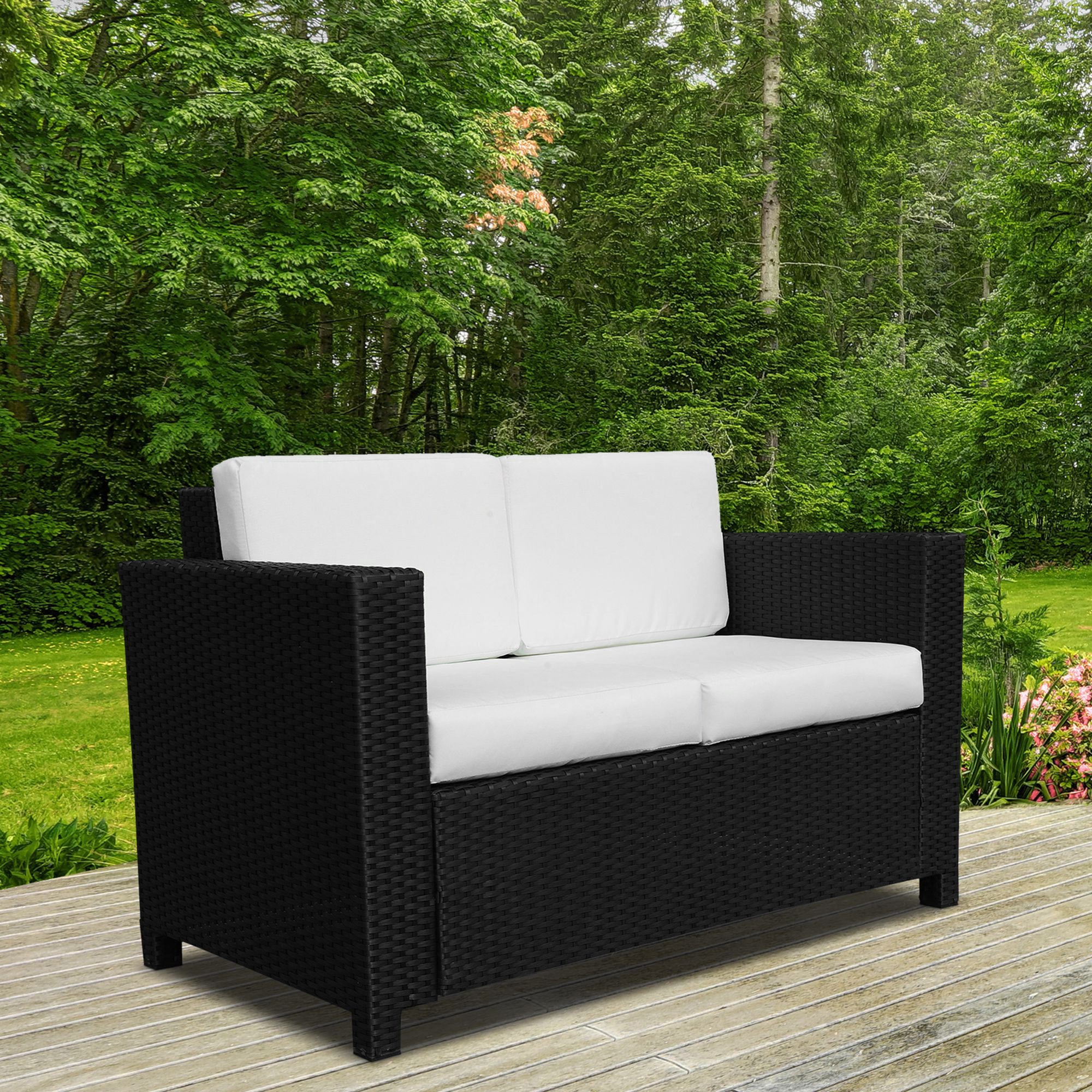 2 Seater Rattan Garden Loveseat with Cushions - Black
