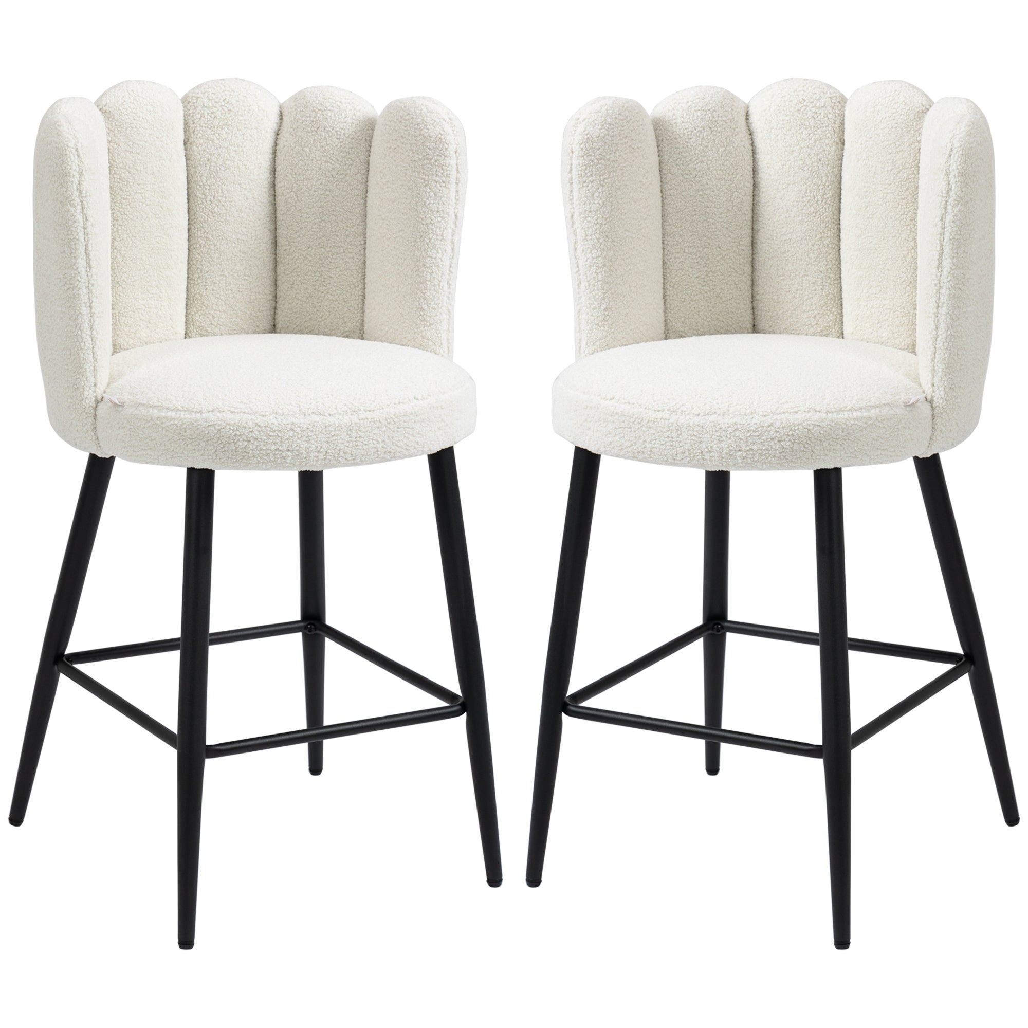 Bar Stools Set of 2, Faux Cashmere Upholstered Breakfast Bar Chairs, Modern Kitchen Stools with Backs, Footrest and Steel Base, Cream