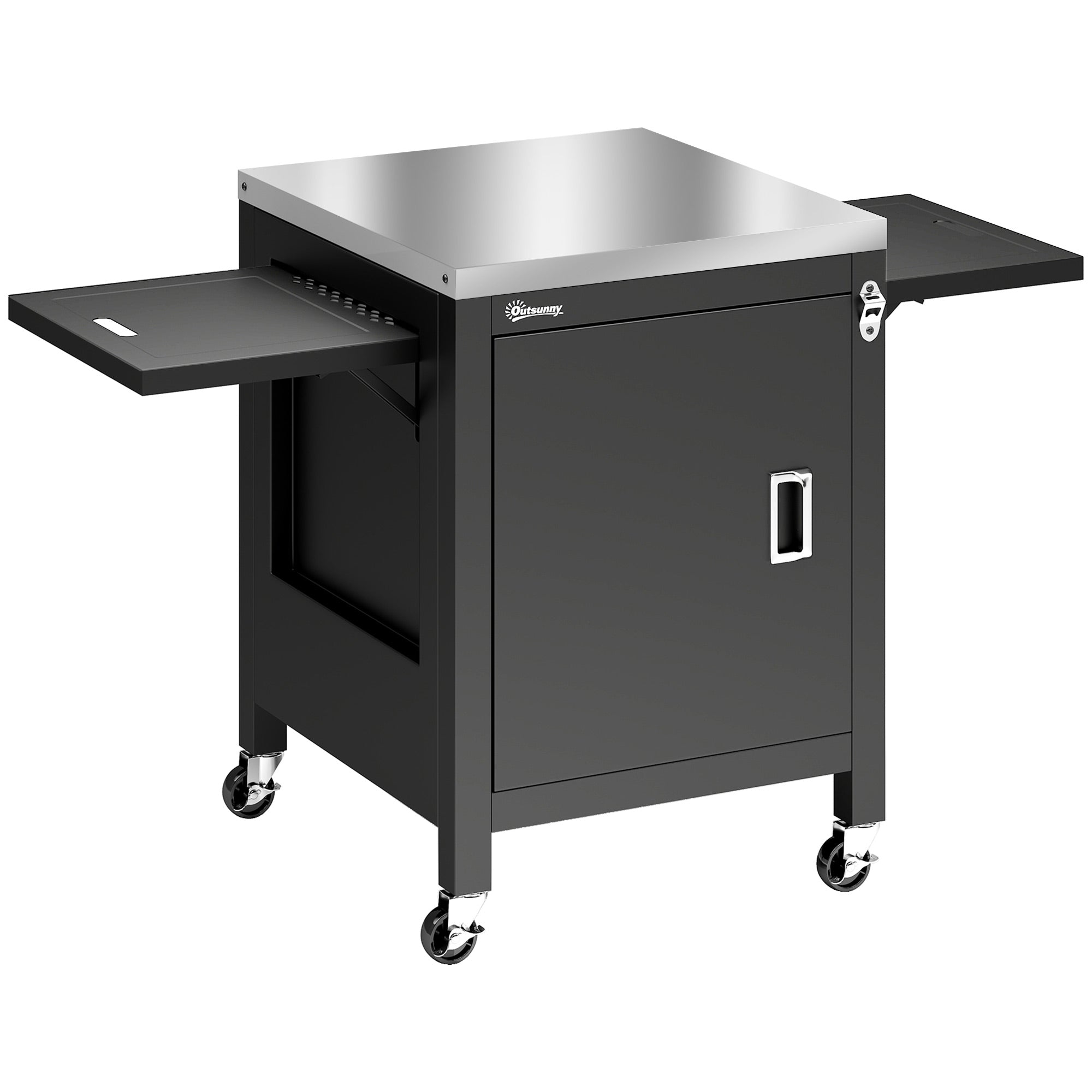Outdoor Grill Cart with Stainless Steel Tabletop, BBQ Table with a Cabinet, Towel Holder, Bottle Opener, Black