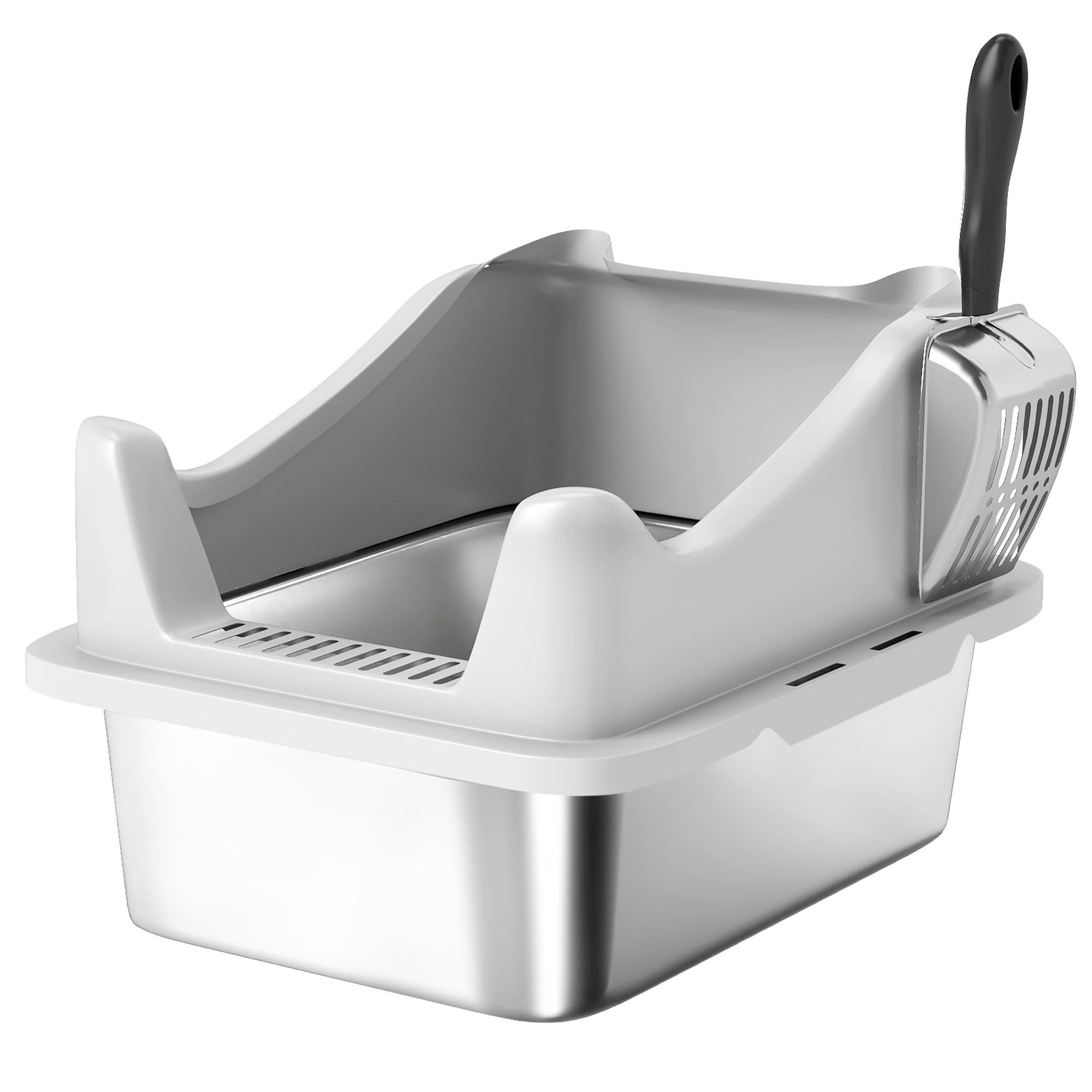 Stainless Steel Cat Litter Box with High Sides, Metal Scoop, 43 x 33 x 25 cm