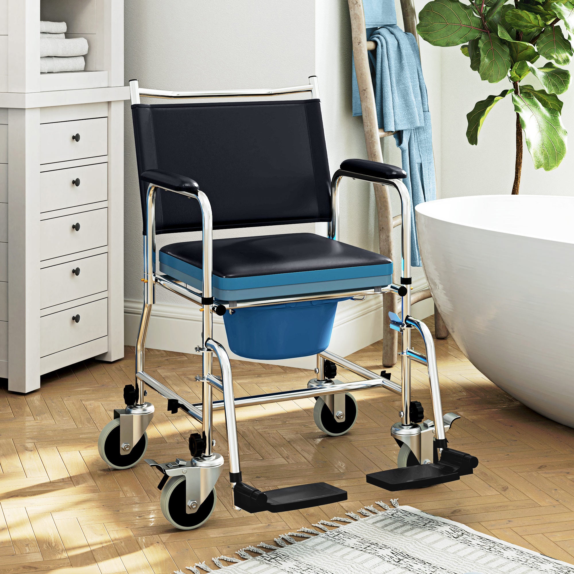3-In-1 Commode, Shower, and Wheelchair with Wheels - Black