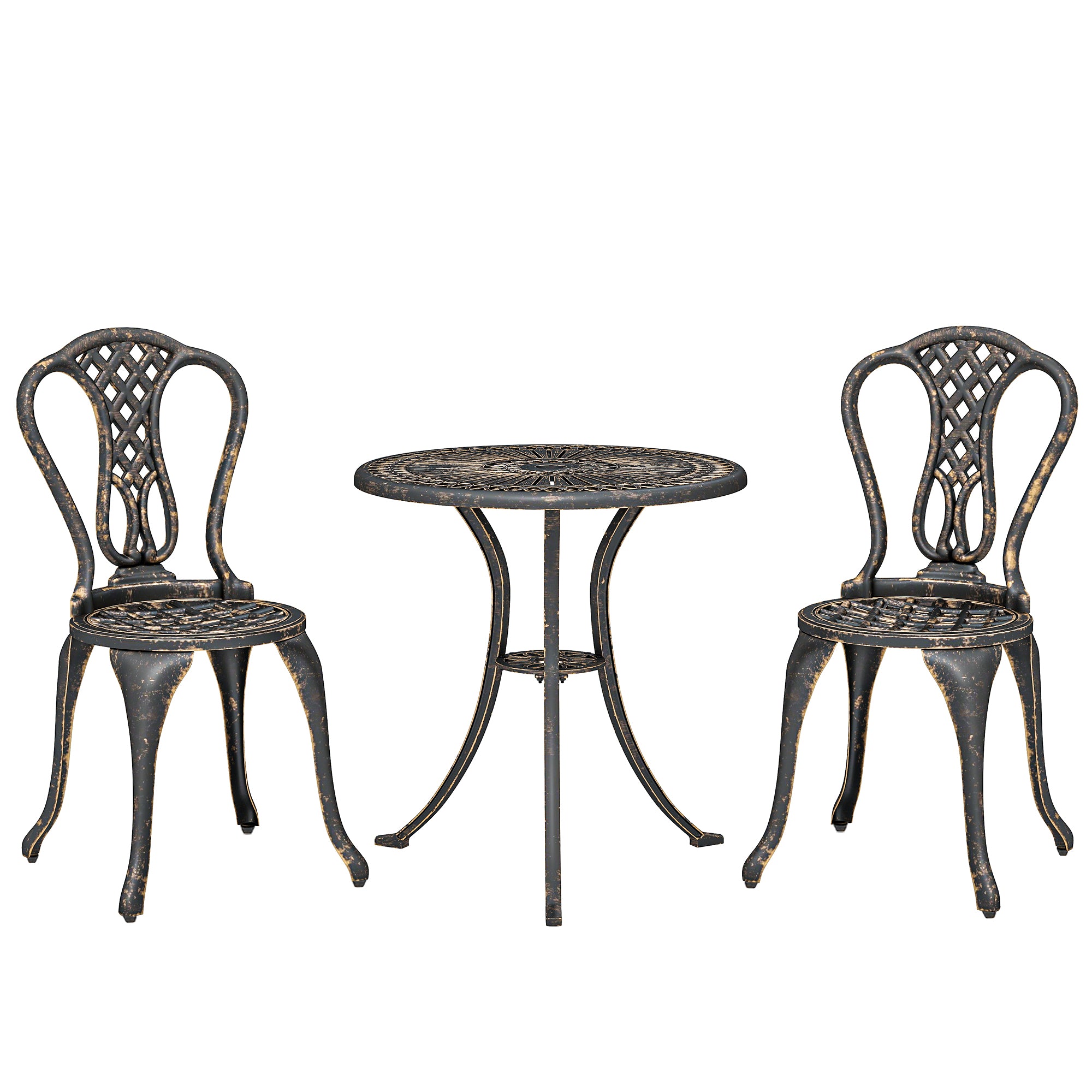 Outdoor Bistro Set for 2 Cast Aluminium Patio Furniture with Round Table Umbrella Hole Brown