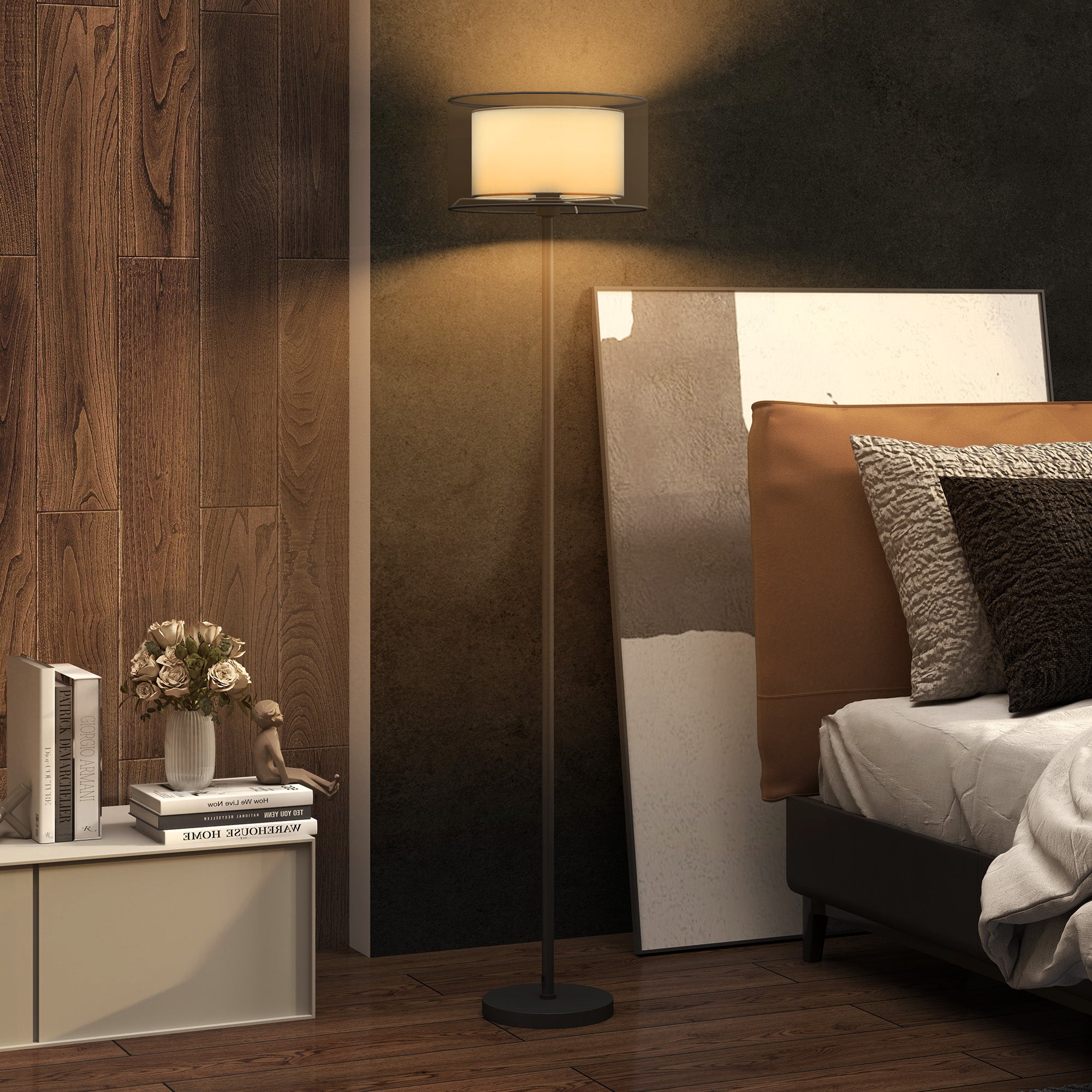 Floor Lamp for Living Room, Modern Standing Lamp with Double Layer Shade & Foot Switch, Minimalist Tall Pole Lampshade for Bedroom, Office, Black