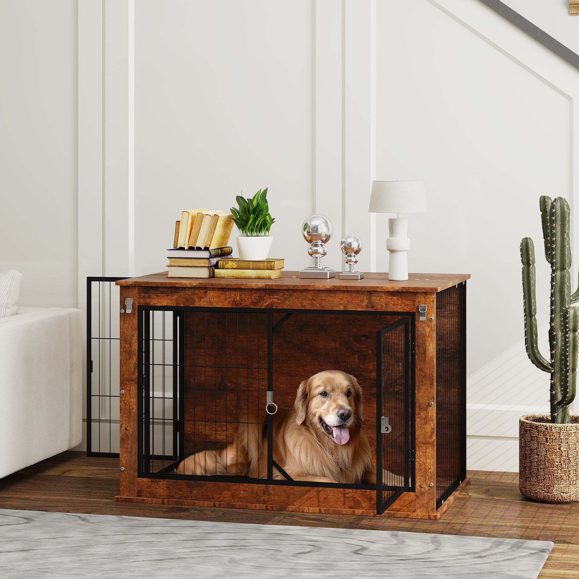 Large Dog Crate Furniture with Flip-up Top & 2 Doors - Rustic Brown