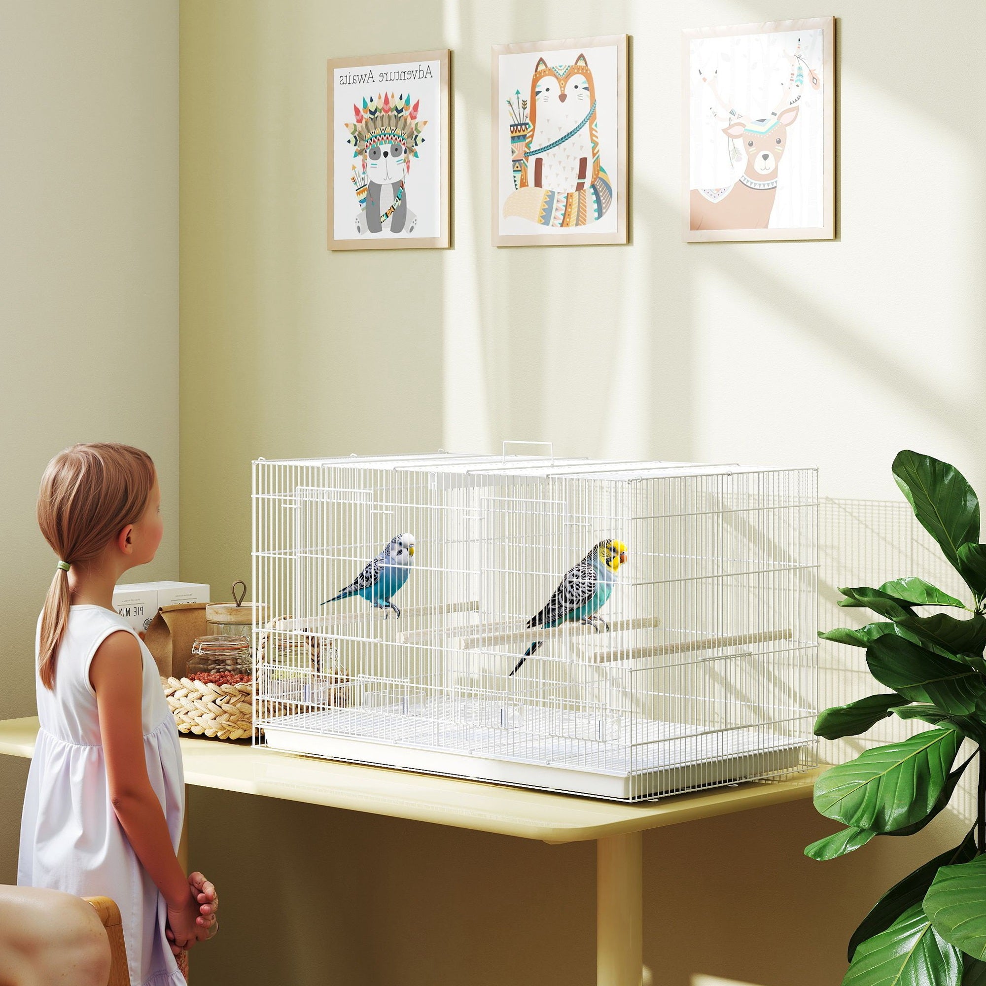 Bird Cage with Divider, 4 Wooden Perches, Slide Out Tray, 4 Feeders, for Budgie, Lovebird, Canary, 76 x 46 x 46cm, White