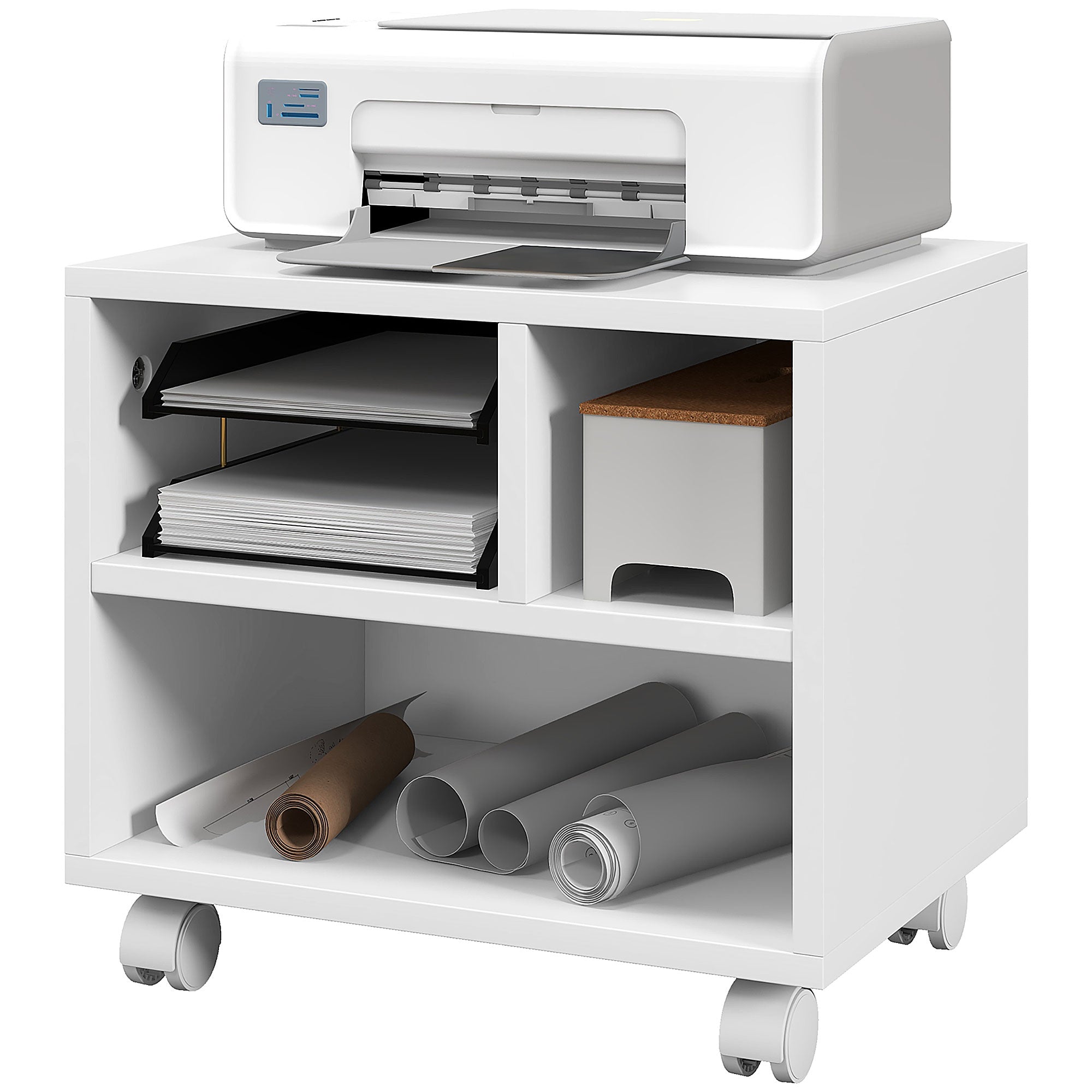 Three-Compartment Printer Cabinet, with Wheels - White