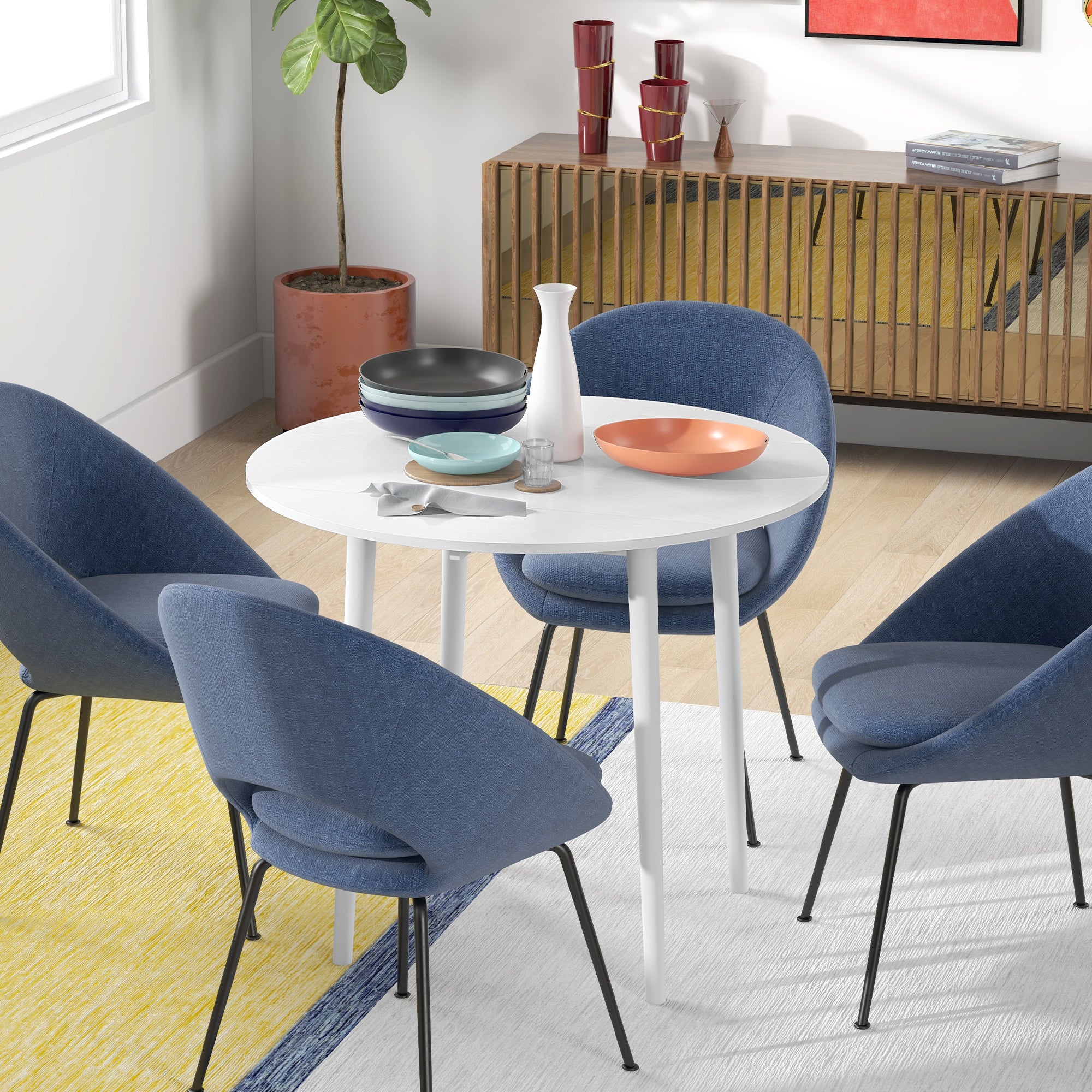 Folding Round Drop Leaf Dining Table for 4 with Wood Legs - White