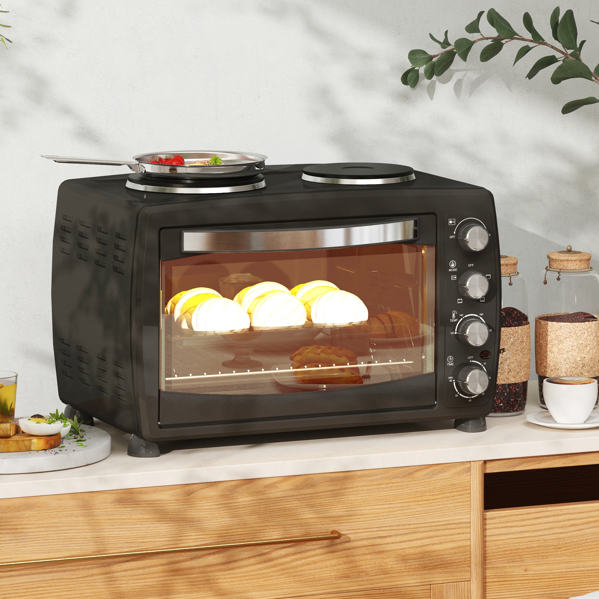 36L Electric Toaster Oven with 2 Hot Plates, Grill, Roast, Bake, Timer, Adjustable Temperature - Black