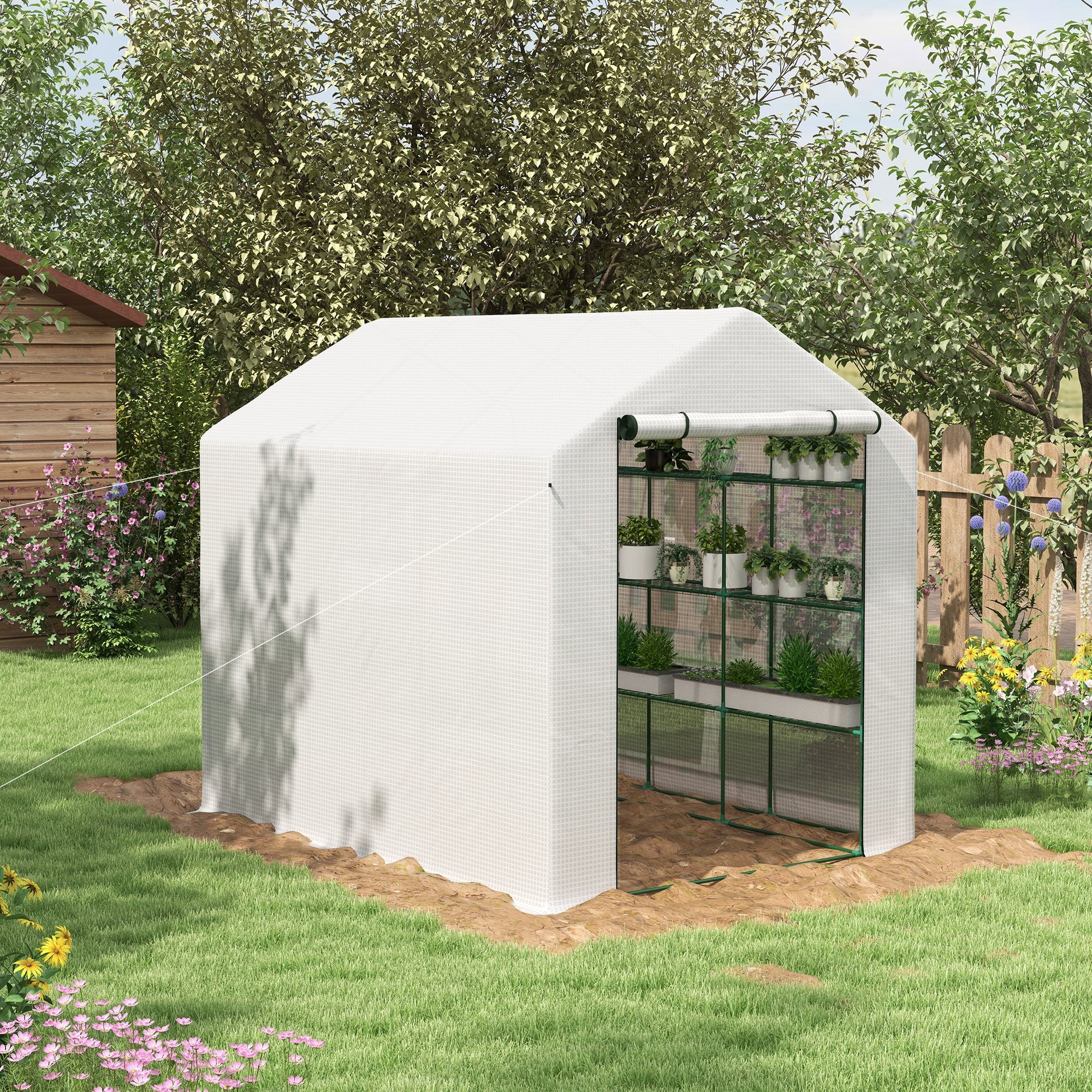 8 x 6ft Walk-In Greenhouse with 12 Shelves and Roll-Up Door - White