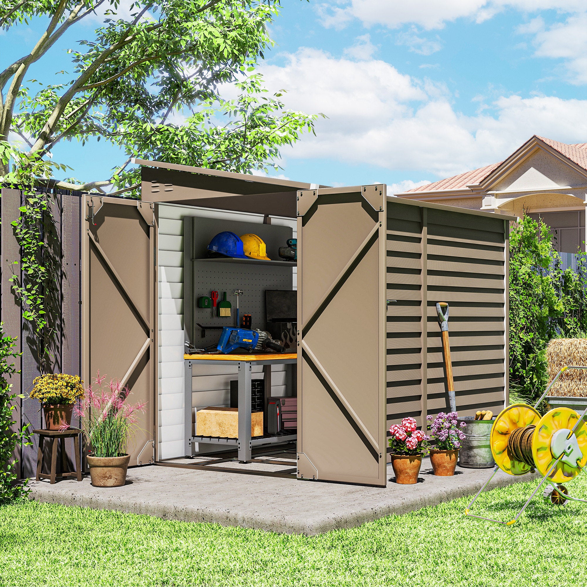 5 x 9ft Galvanised Metal Garden Shed with Foundation Kit, Outdoor Lean-to Shed, Tool Storage House for Garden, Brown