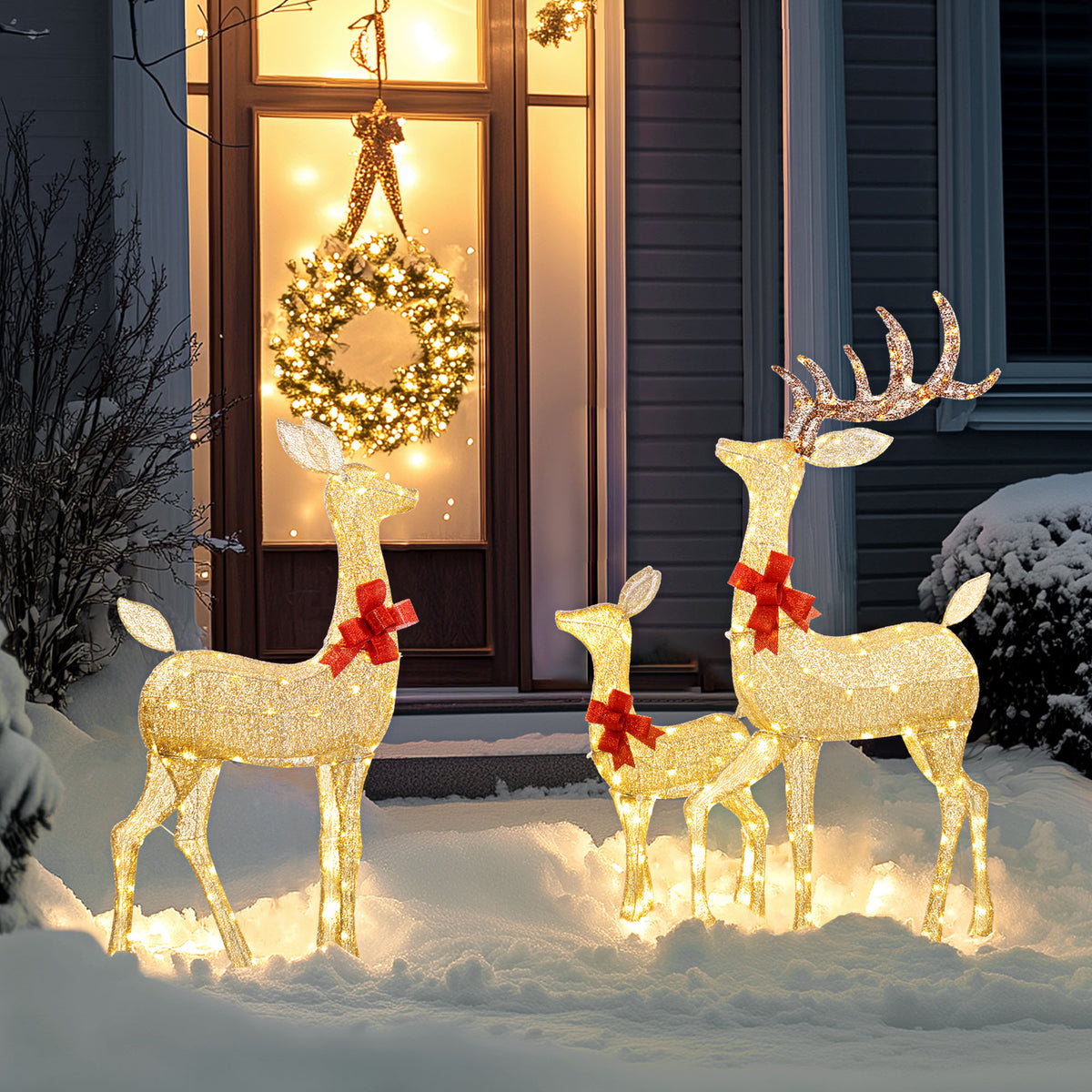 3-Piece Lighted Reindeer Christmas Decoration Set with 283 LED Lights for Indoor & Outdoor - Gold Tone